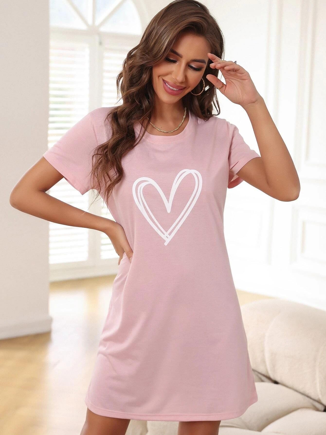 Women’s Heart Print Sleep Shirt - Short Sleeve Nightgown Soft Casual Pajama Dress Lounge Sleepwear For Women Light Pink