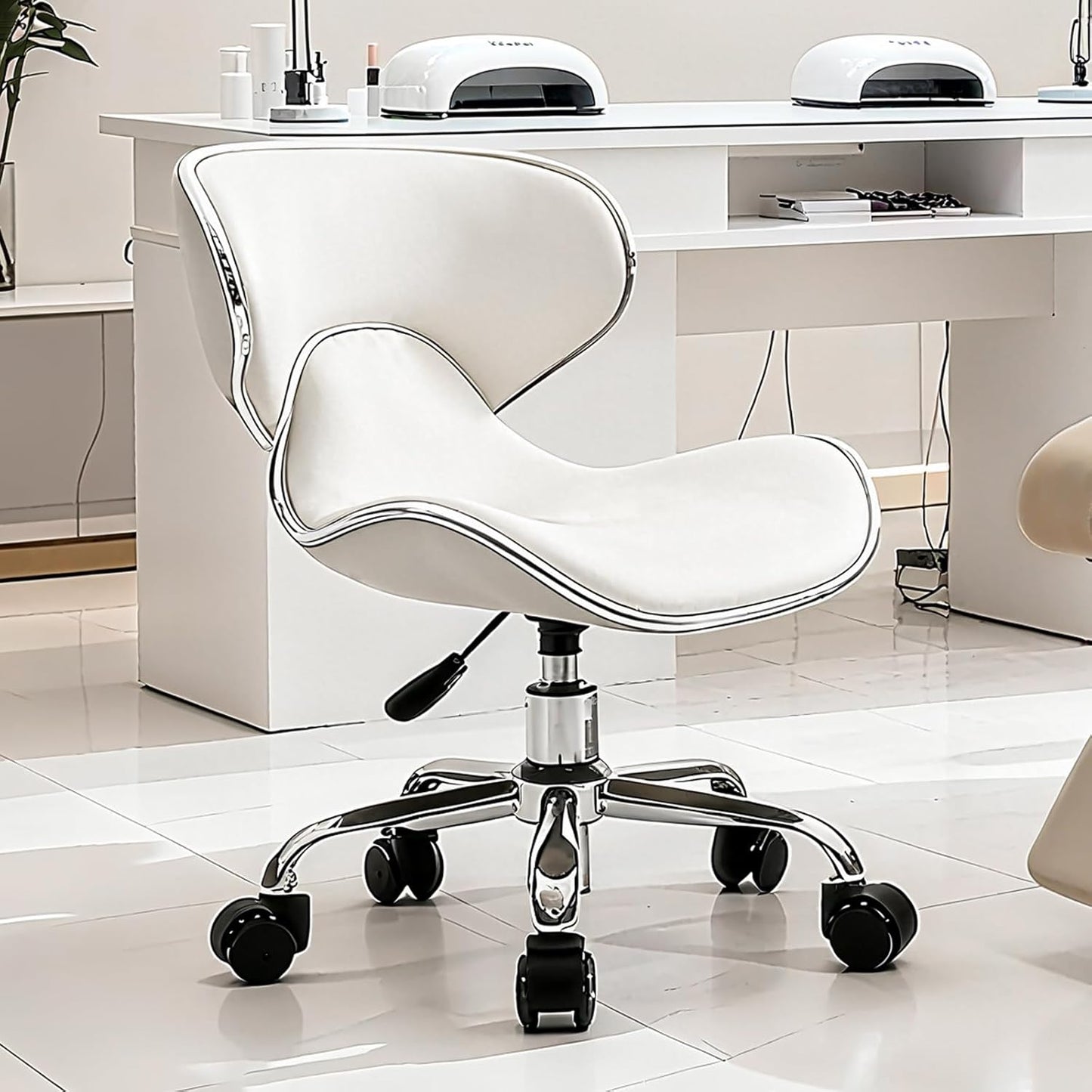 White Pedicure Chair - Swivel & Adjustable Nail Tech Stool for Salon Professionals | Low Back Design, Creamy White
