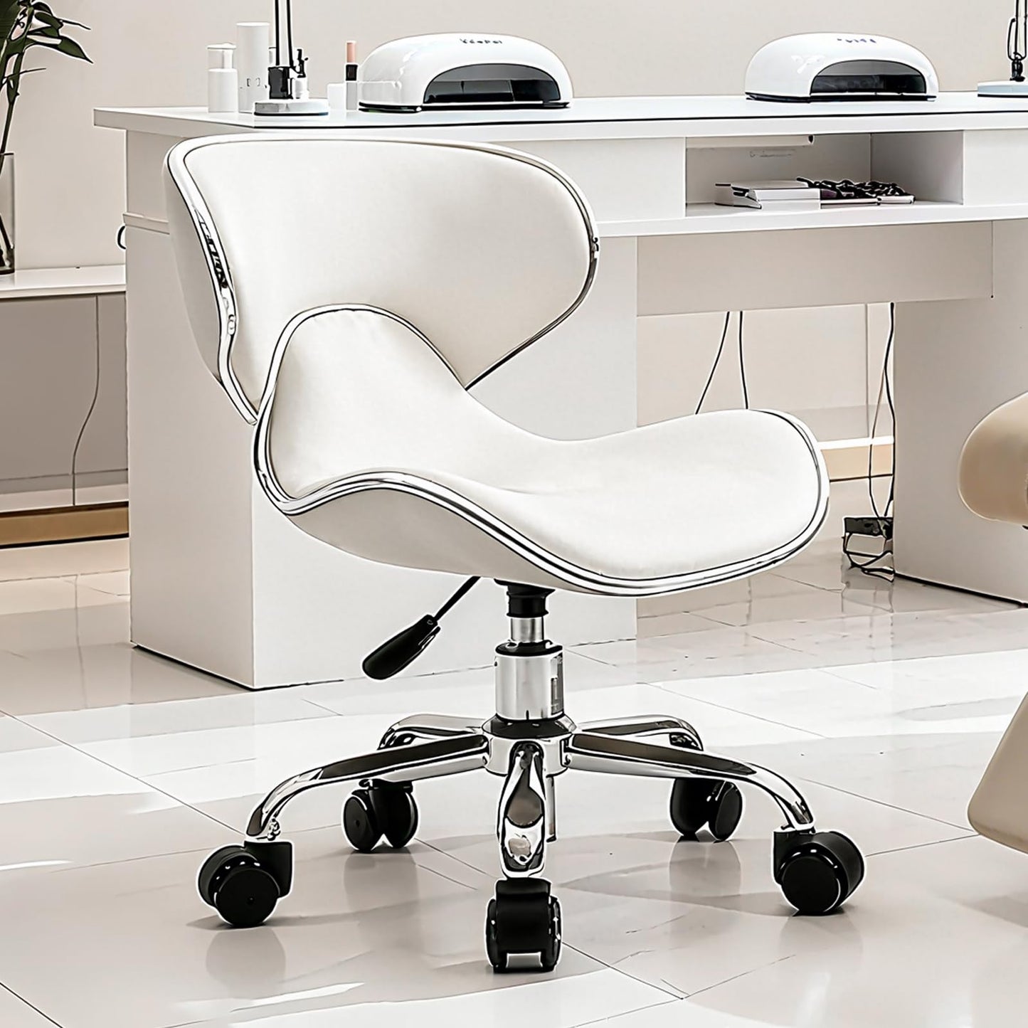Lessmore White Pedicure Chair for Nail Tech Pedicure- Swivel & Adjustable Nail tech Chair for Salon Professionals, Low Back Pedicure Stool with Smooth Rotation (1,Creamy White)
