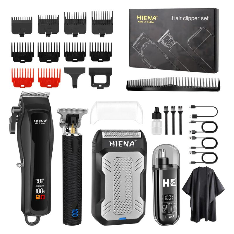 HIENA PRO Cordless Hair Clippers for Men, Professional Barber Kit - Beard Trimmer, Aluminum Foil Shaver, Nose Trimmer, 10 Limit Combs - Fast Charge, Smart LED Display (Clippers/Trimmer)