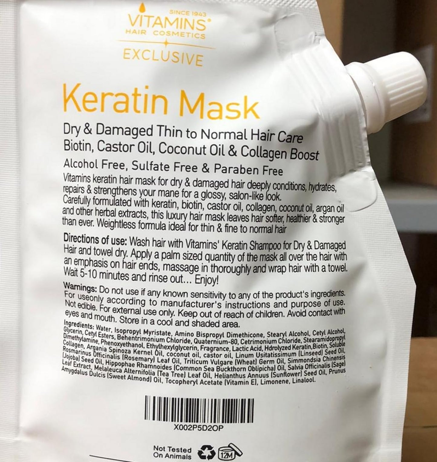 VITAMINS hair cosmetics Keratin Hair Mask - Protein Repair Keratin Treatment - Deep Conditioner for Dry, Damaged, Curly, Straight & Frizzy Hair with Biotin, Collagen & Castor Oil - 3.4 Fl Oz
