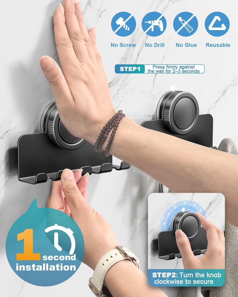 RIVAMBER Suction Cup Hooks, Razor Holder for Shower, Matte Black Shaver Holder Waterproof No Drill Adhesive Hanger for Hanging Loofah Towel Toothbrush Bathroom Kitchen Tiles Glasses