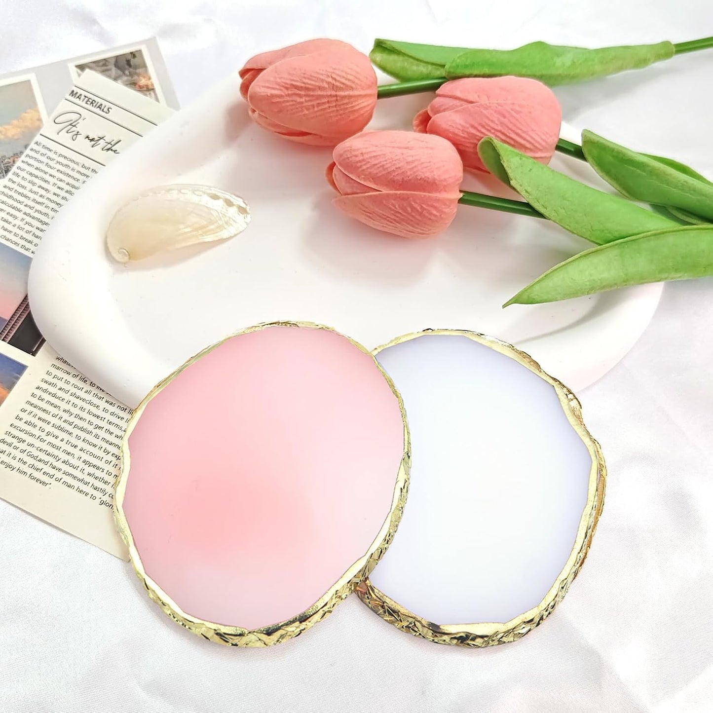 Nail Art Palette Set - 2Pcs Resin Nail Polish Holder with Gold Edge | White & Pink Display Board for Cosmetic Mixing