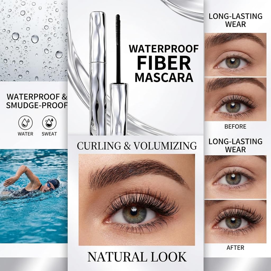Waterproof Fiber Mascara - Volume & Length Without Clumping | Smudge-Proof, Curling Eyelash Iron (1 Pc)