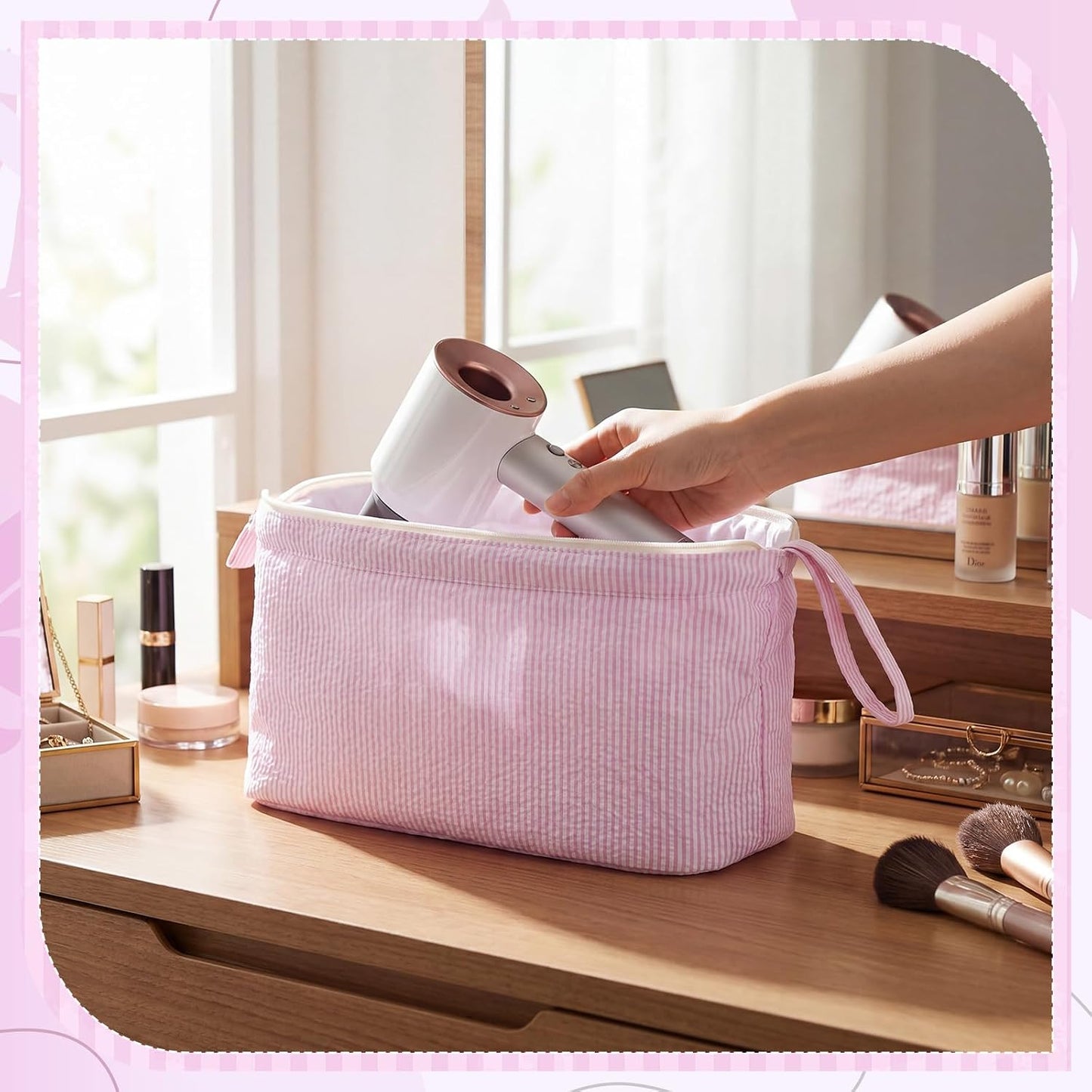 Hair Tools Travel Bag - Large Pink Striped Quilted Organizer for Hair Dryer & Styling Tools | Perfect for Travel