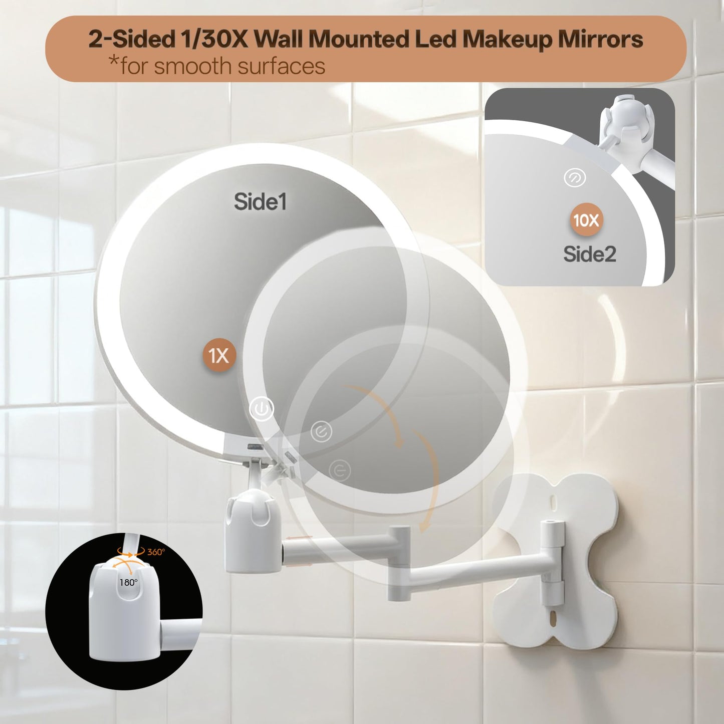 6" Led Wall Mounted Makeup Mirror Double Sided 1/30X, 1-Second Install Lightweight Compact Wall Mirror with Light, Rechargeable Extendable Magnifying Mirror for Bathroom, Wall Vanity Mirrors (1+30X)