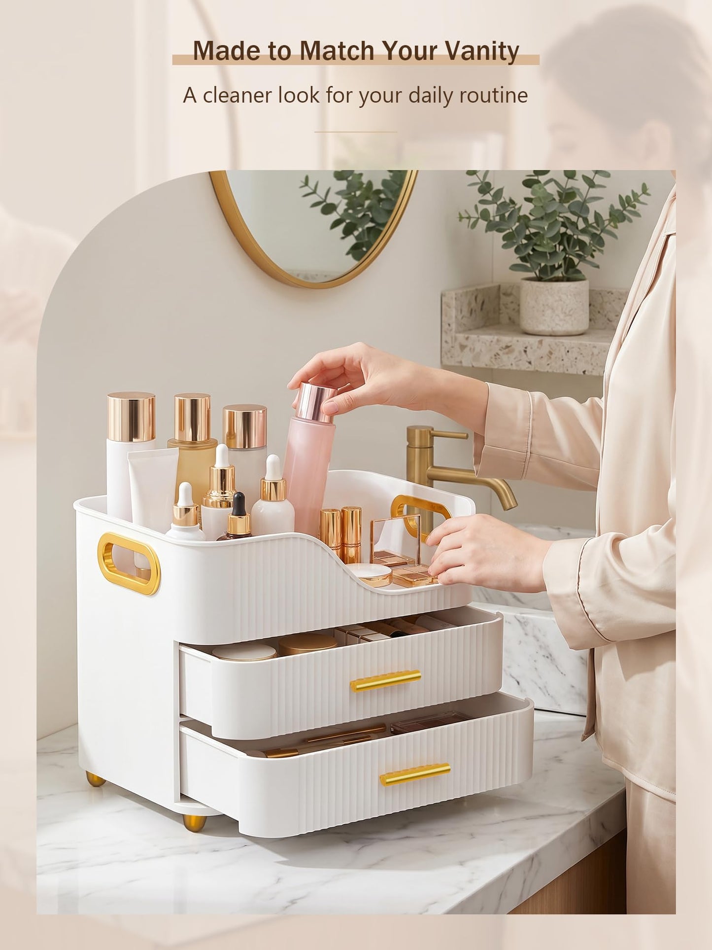 Booklov Countertop Makeup Organizer with Drawers, 3 Tier Large Cosmetic Storage Box for Vanity, Bathroom Counter, Dresser, Skincare Display Case for Lipsticks, Beauty Palettes, Teen Girl Gifts, White