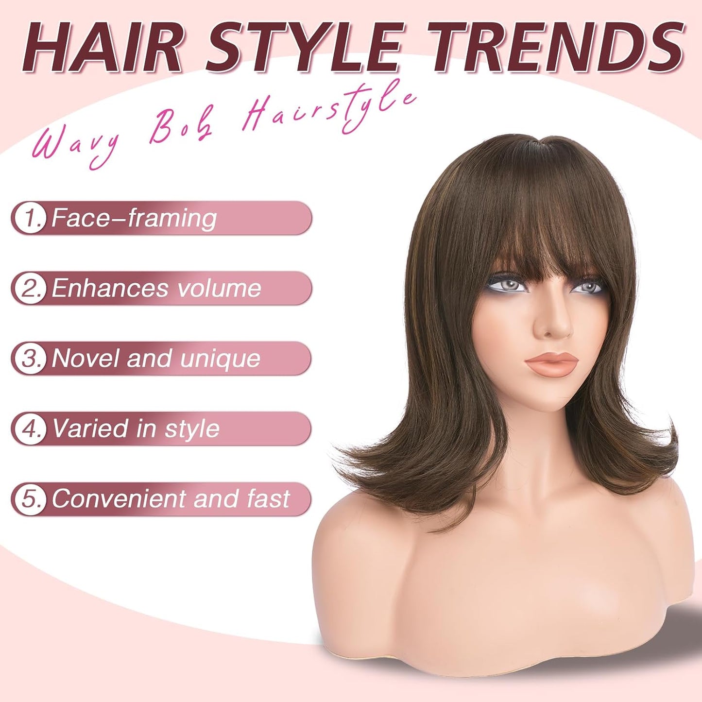 Brown Short Bob Wig with Bangs - Wavy Layered Synthetic Hair for Women | 14 Inch Natural Look with Highlights