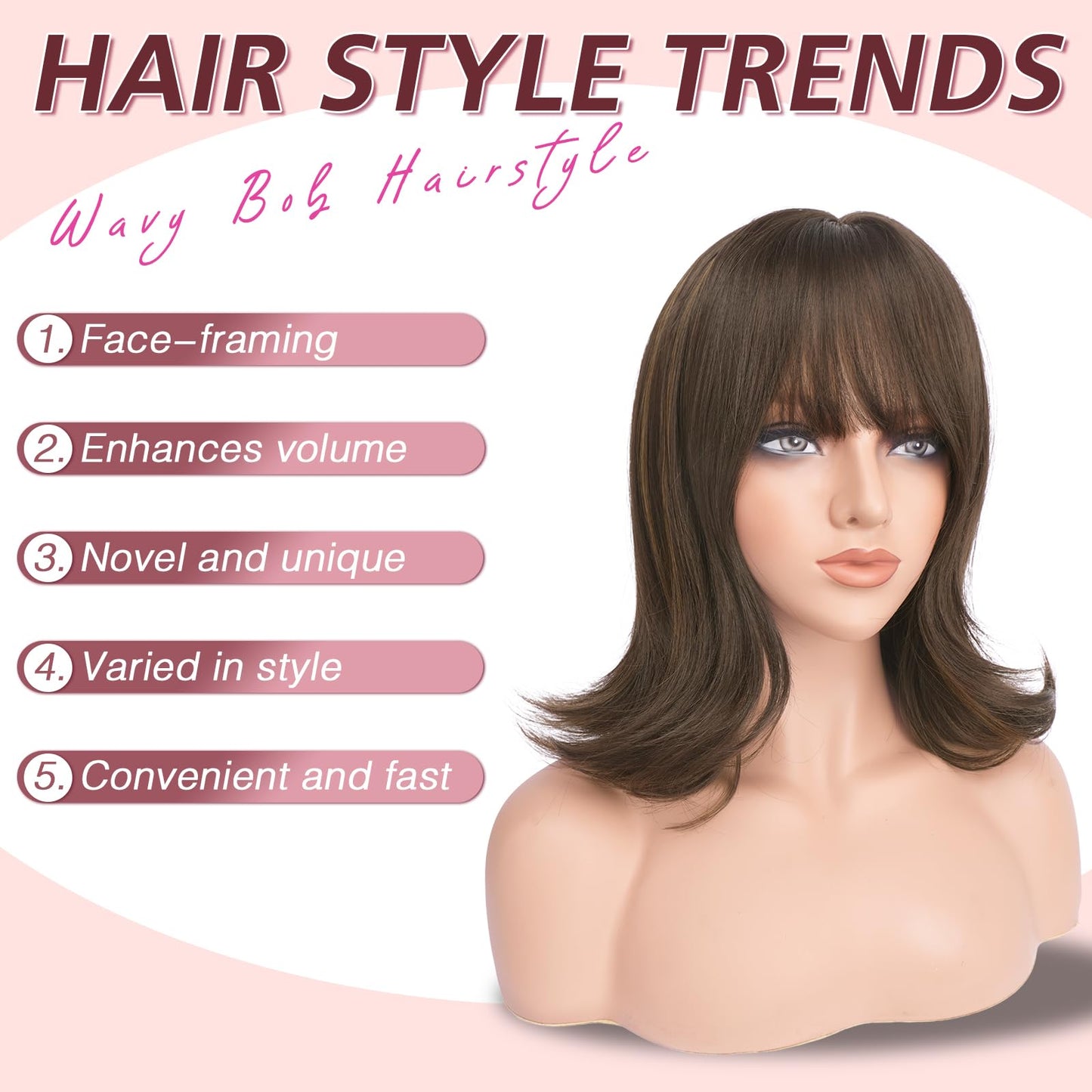 Haloo Brown Short Bob Wigs with Bangs Shoulder Length Wavy Layered Flipped Ends Natural Looking Medium Synthetic Hair Wig for Women Daily Party, 14 Inch Brown with Highlights