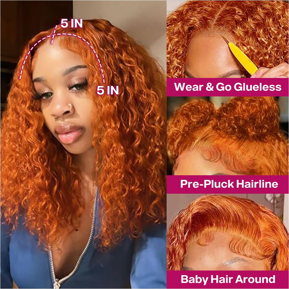 Ailwelia Curly Bob Wig Human Hair Deep Wave 200% Density 5x5 HD Lace Closure Wigs Human Hair Bob Wigs For Black Women Wear And Go Glueless Curly Wig Ginger Color 14 Inch