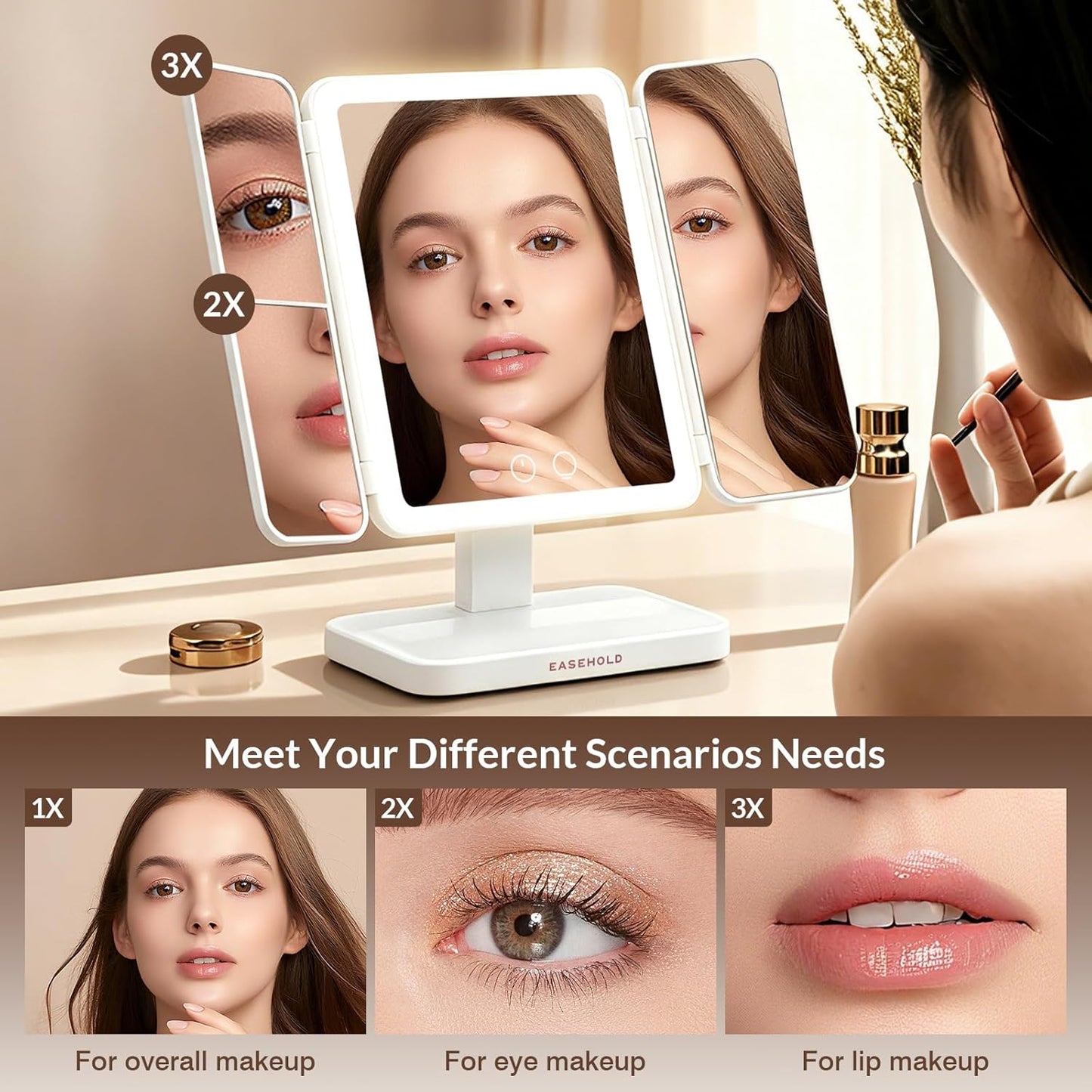 Rechargeable Trifold Lighted Makeup Mirror - 1X/2X/3X Magnification, 3 Color LED Lights | Foldable Vanity Mirror for Travel & Home