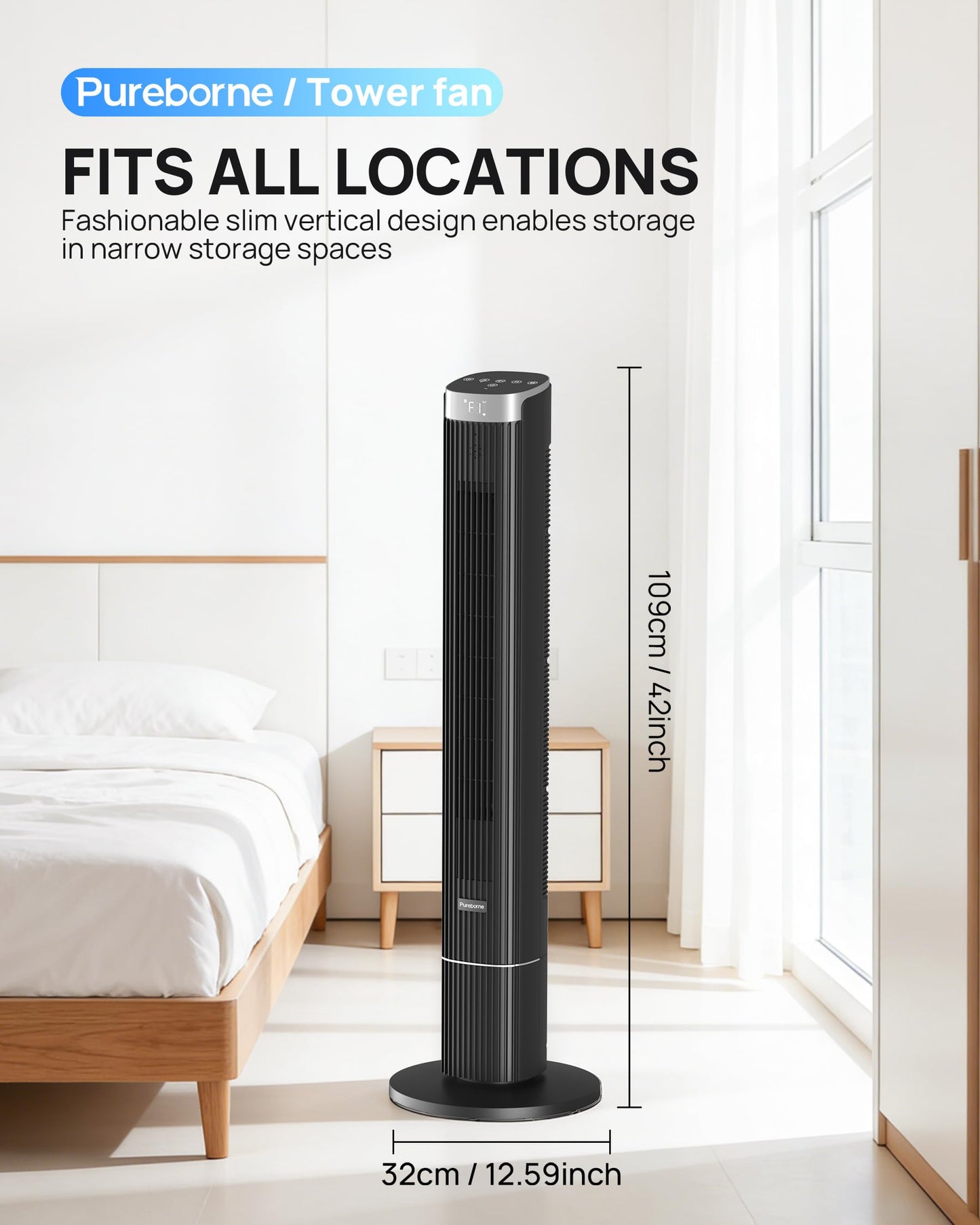 Pureborne 42” Tower Fan for Home Bedroom, WiFi, 25dB Ultra-Quiet, Black