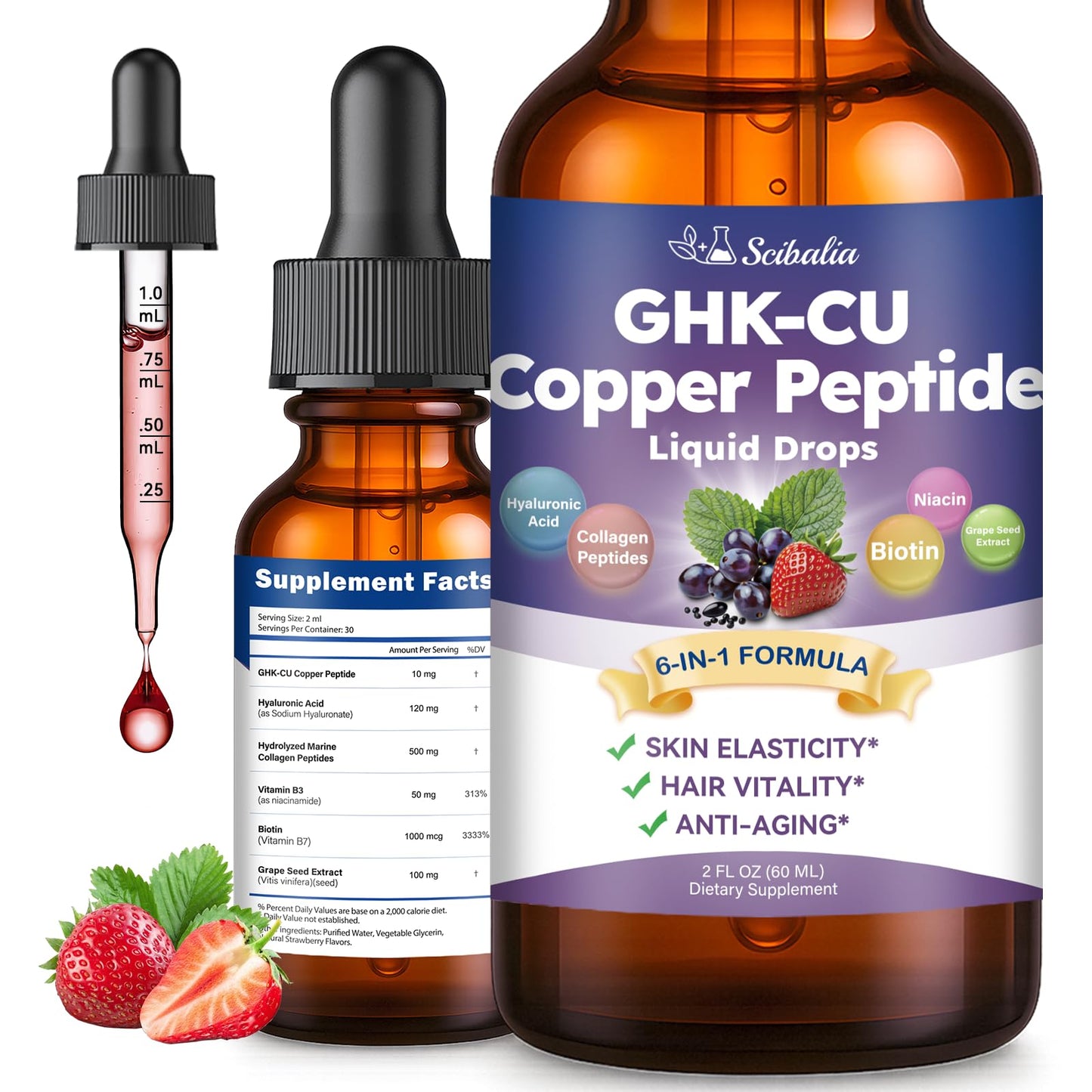 Scibalia GHK-CU Peptide Supplement Liquid Drops, Premium 6-in-1 GHK CU Copper Peptides w. Marine Collagen Hyaluronic Acid Biotin for Anti-Aging, Skin Hair Growth Support, Oral Drops丨Women Men
