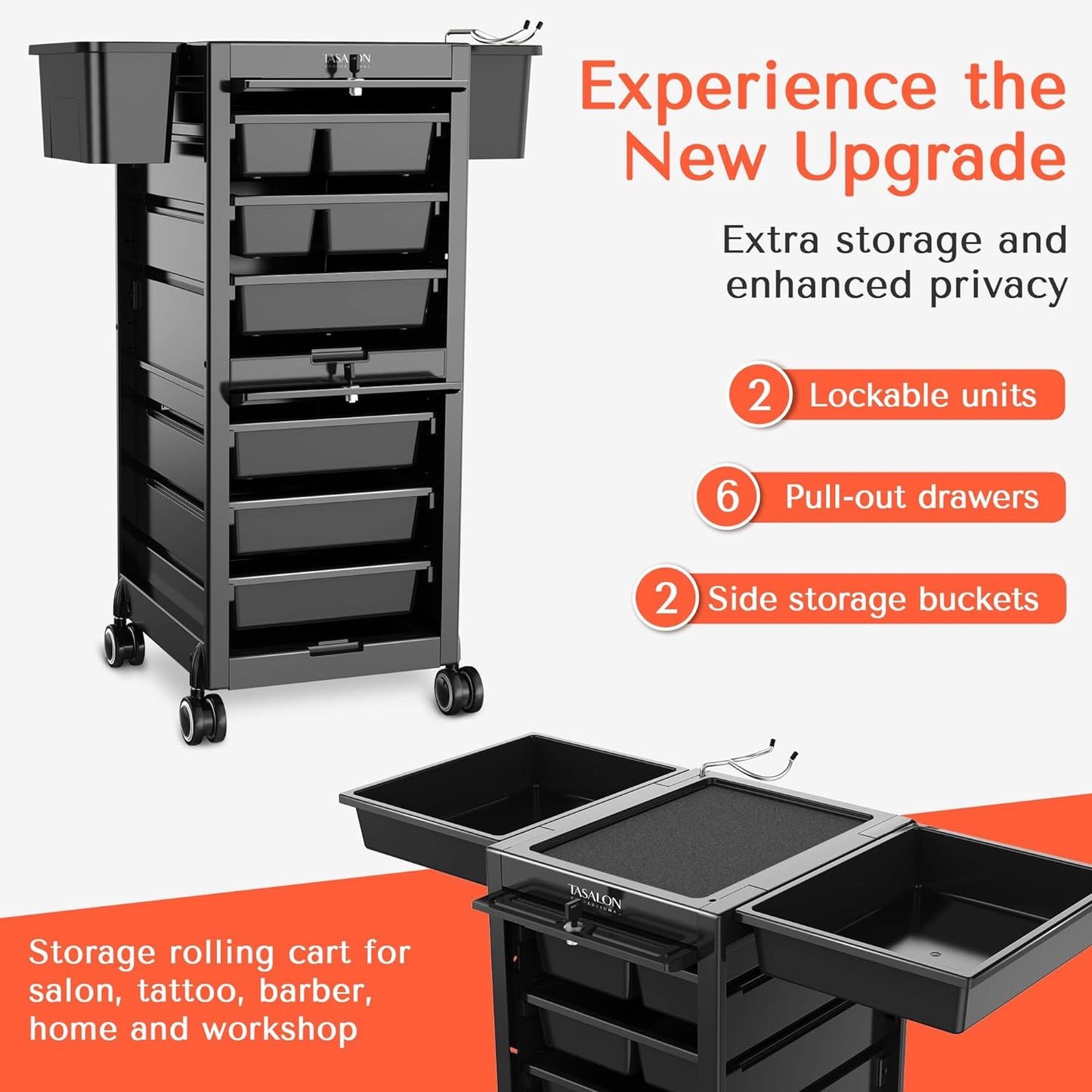 Lockable Salon Trolley Cart - Rolling Hair Stylist Storage with 6 Drawers & 2 Buckets | Versatile Multi-Use Design