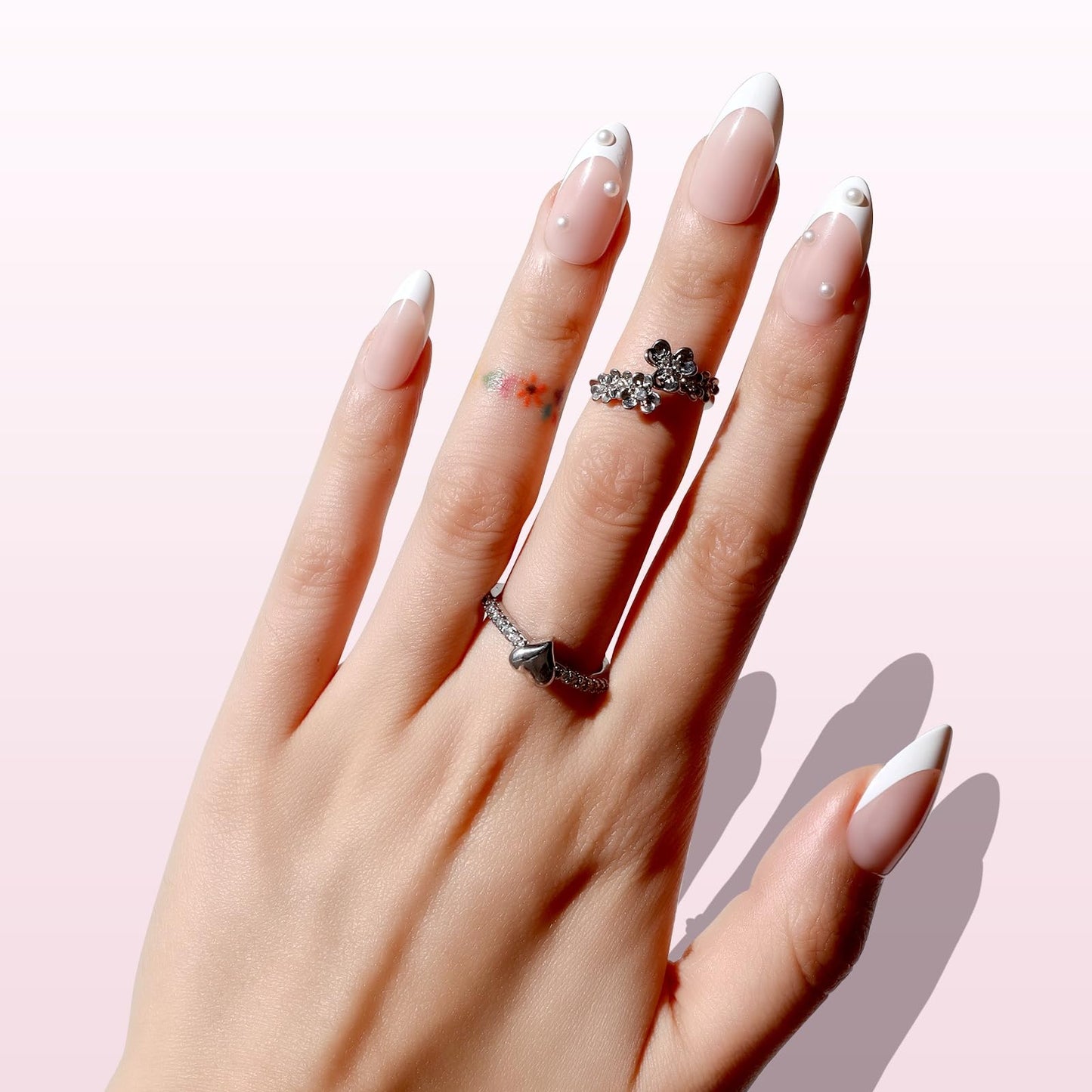 Nail Reformation Press On Nails, Sugar-Coated | Pink Medium Almond Fake Nails in French Tip with 3D Pearls in a Glossy Finish, Reusable Stick On Nails in 15 Sizes - 30 False Nail Kit for Women Gifts