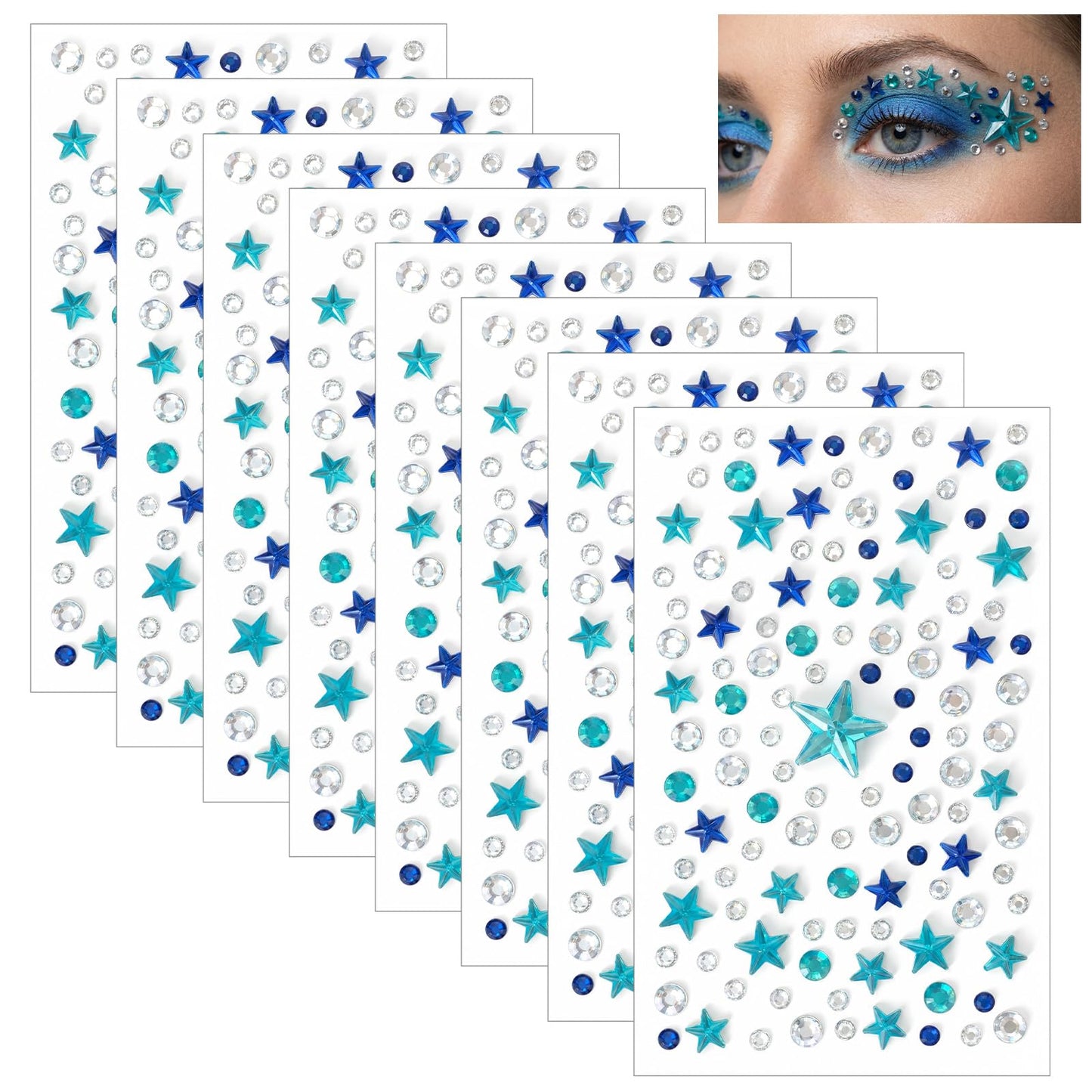 8 Sheets Self-Adhesive Rhinestone Stickers, Star and Circle Face Jewels, Blue Silver Penta Angel Gems for Festival Holiday Party Makeup, Face Rhinestones Diamonds for Body Nails Hair Decoration