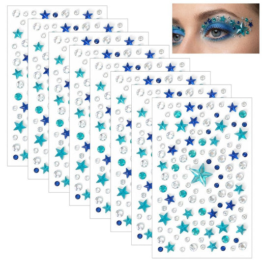8 Sheets Self-Adhesive Rhinestone Stickers, Star and Circle Face Jewels, Blue Silver Penta Angel Gems for Festival Holiday Party Makeup, Face Rhinestones Diamonds for Body Nails Hair Decoration