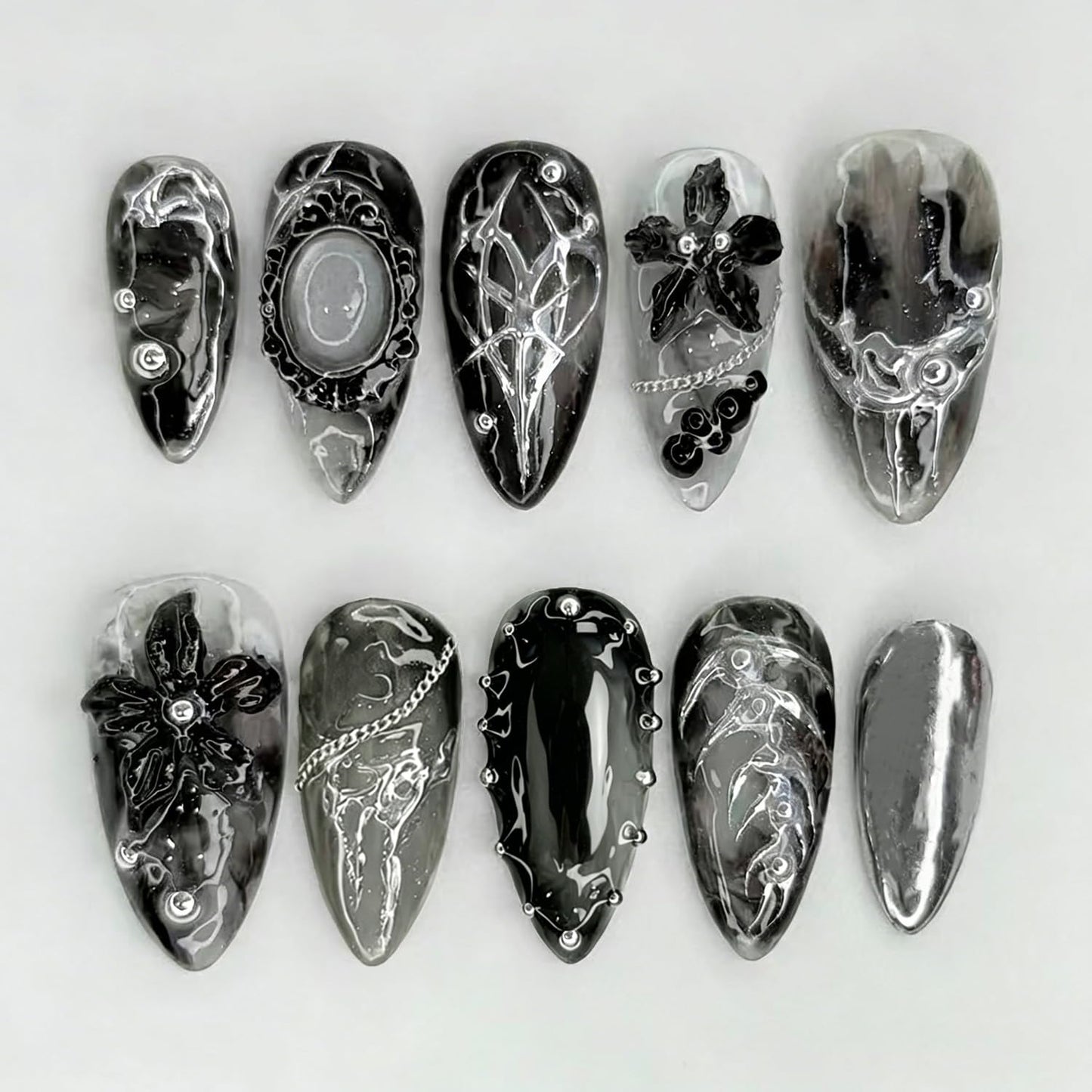Goth Press-On Nails | 24 Pcs Medium Almond Silver Chrome Baroque Design | Reusable Black Full Cover