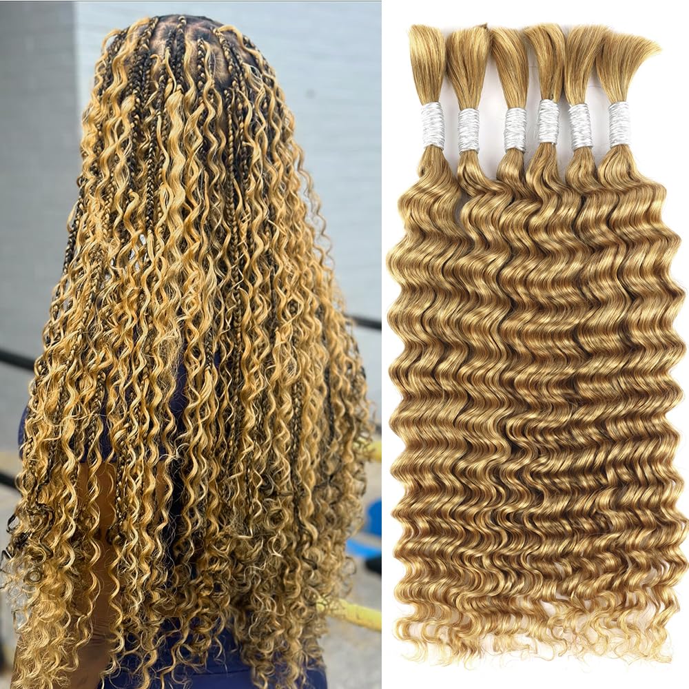 Blonde Human Braiding Hair for Boho Braids 22 Inch 6 Bundles Human Braiding Hair Deep Wave Hair Extensions 150g 27#