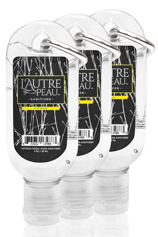 Travel Hand Sanitizer Gel with Aloe Vera & Vitamin E Made by L’AUTRE PEAU - Citrus Scented Alcohol Based Liquid Instant Hand Cleaner Pocket Sanitizer with Carabiner Clip (1oz 3 Pack)