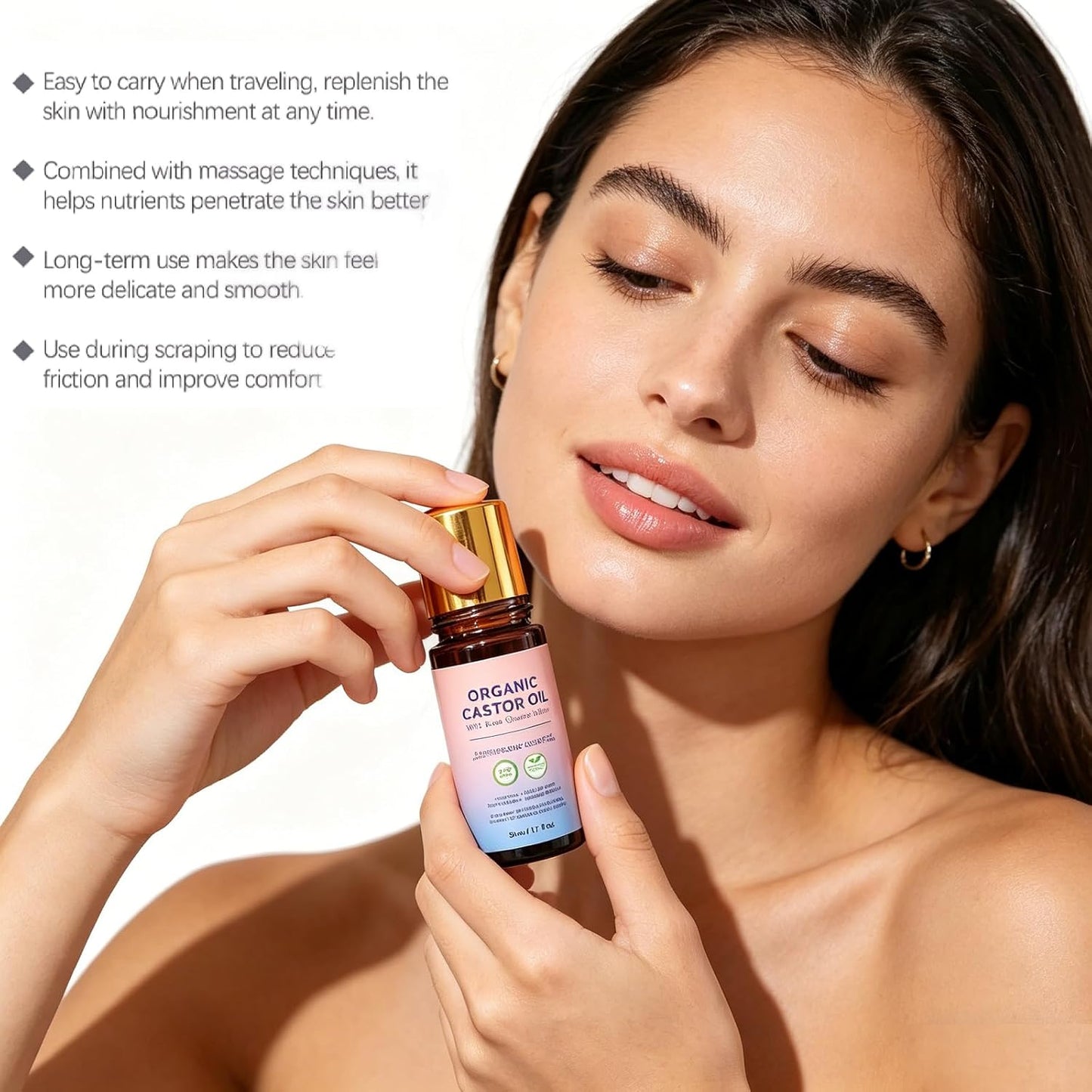 Organic Castor Oil - 100% Pure Cold-Pressed Formula for Skin & Hair Care | Rose Quartz Roller, 1.7 Fl Oz