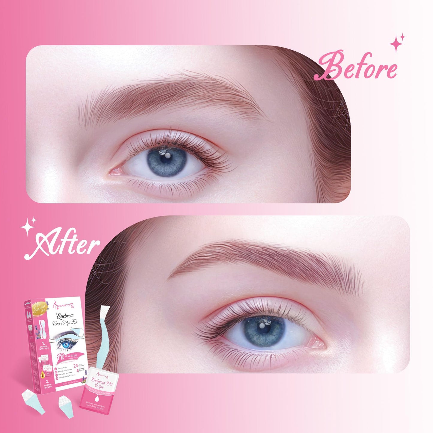 Beauty7 Sensitive Eyebrow Wax Strips, Facial Hair Removal for Women, Eyebrow Waxing Strips, with 24 Strip 4 Calming Oil Wipes, Home Waxing for Sensitive Skin Types