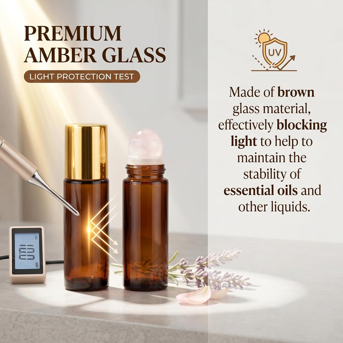 Rose Quartz Roller Bottle - 2PCS Refillable Glass Roll-On for Essential Oils | 50ml Brown Glass with Metal Cap