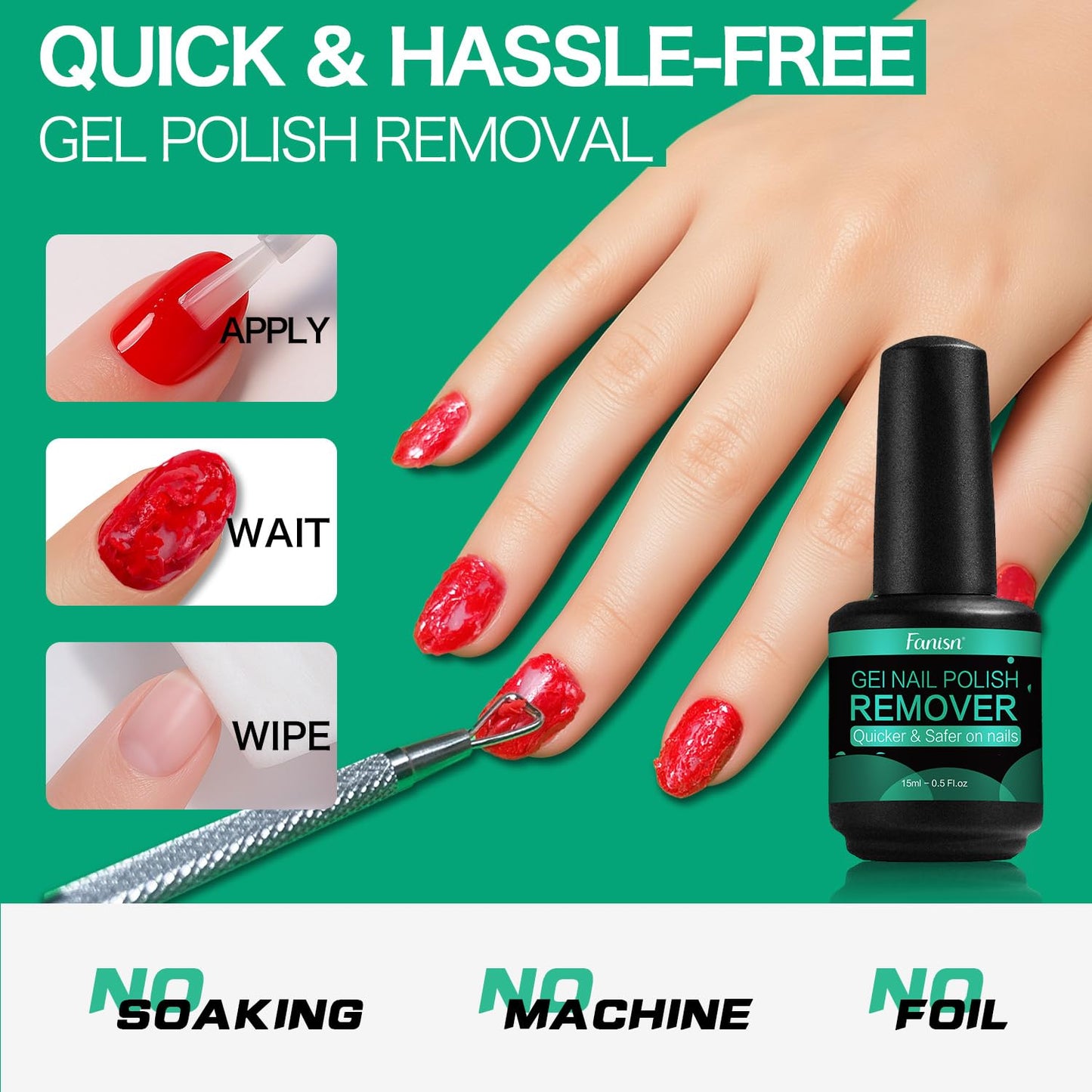 Gel Nail Polish Remover - Acetone-Free Formula for Quick 2-5 Min Removal | 15ml (0.5 fl oz)