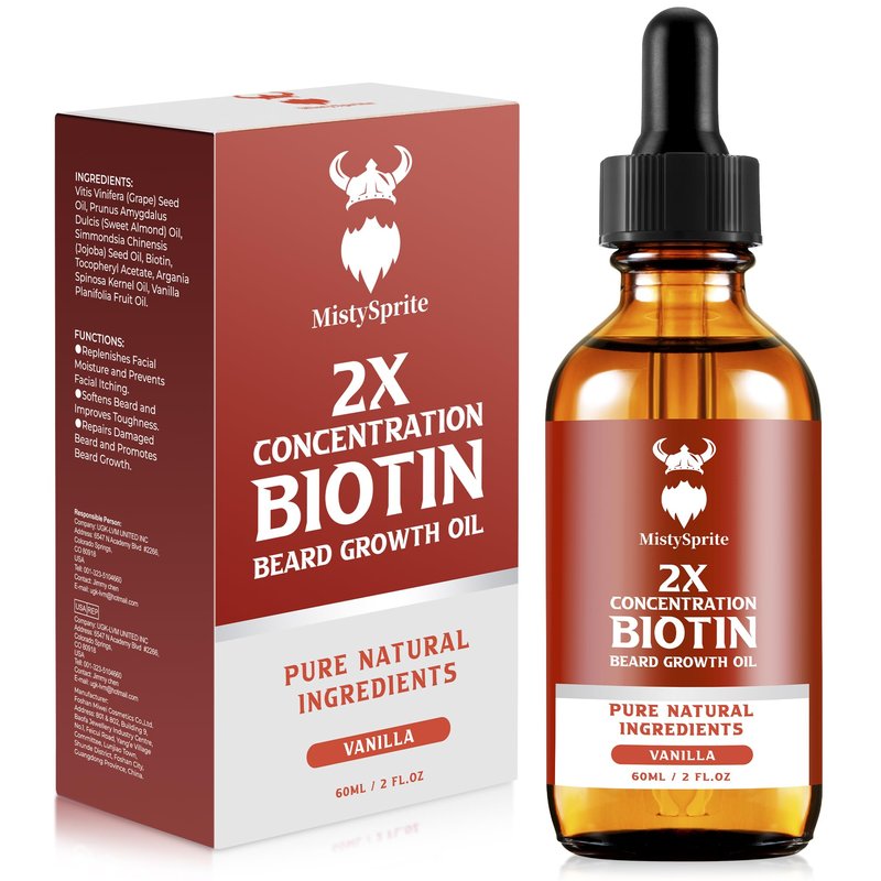 Beard Growth Oil - 2X Concentration Biotin for Men (2 oz) - Natural With Argan, Jojoba and Vitamin, Growth Softener, Moisturizer (Vanilla)