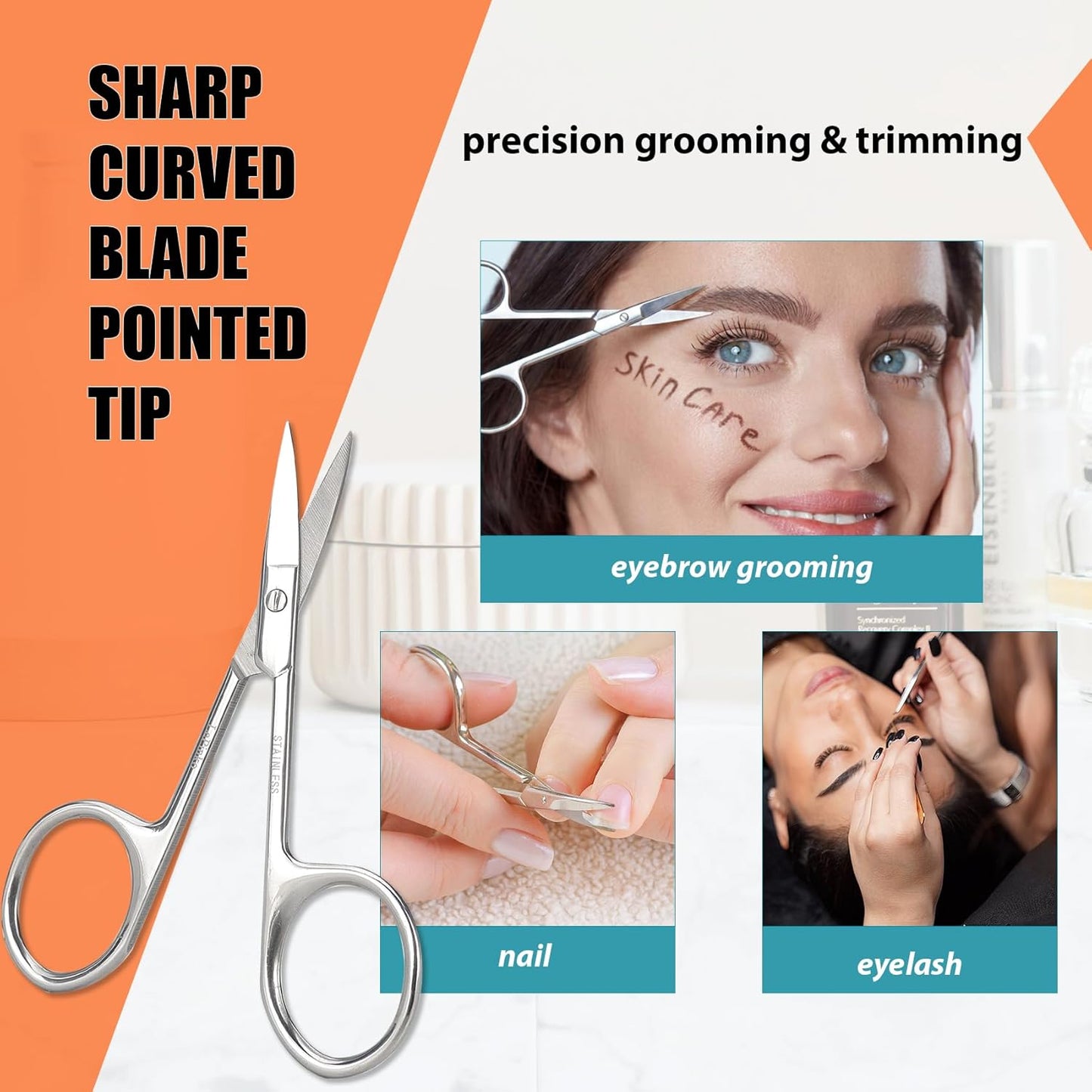 Grooming Scissors Set - Small Facial Hair Trimming Kit for Men & Women | Curved & Rounded Safety Tip - 2PCS Silver
