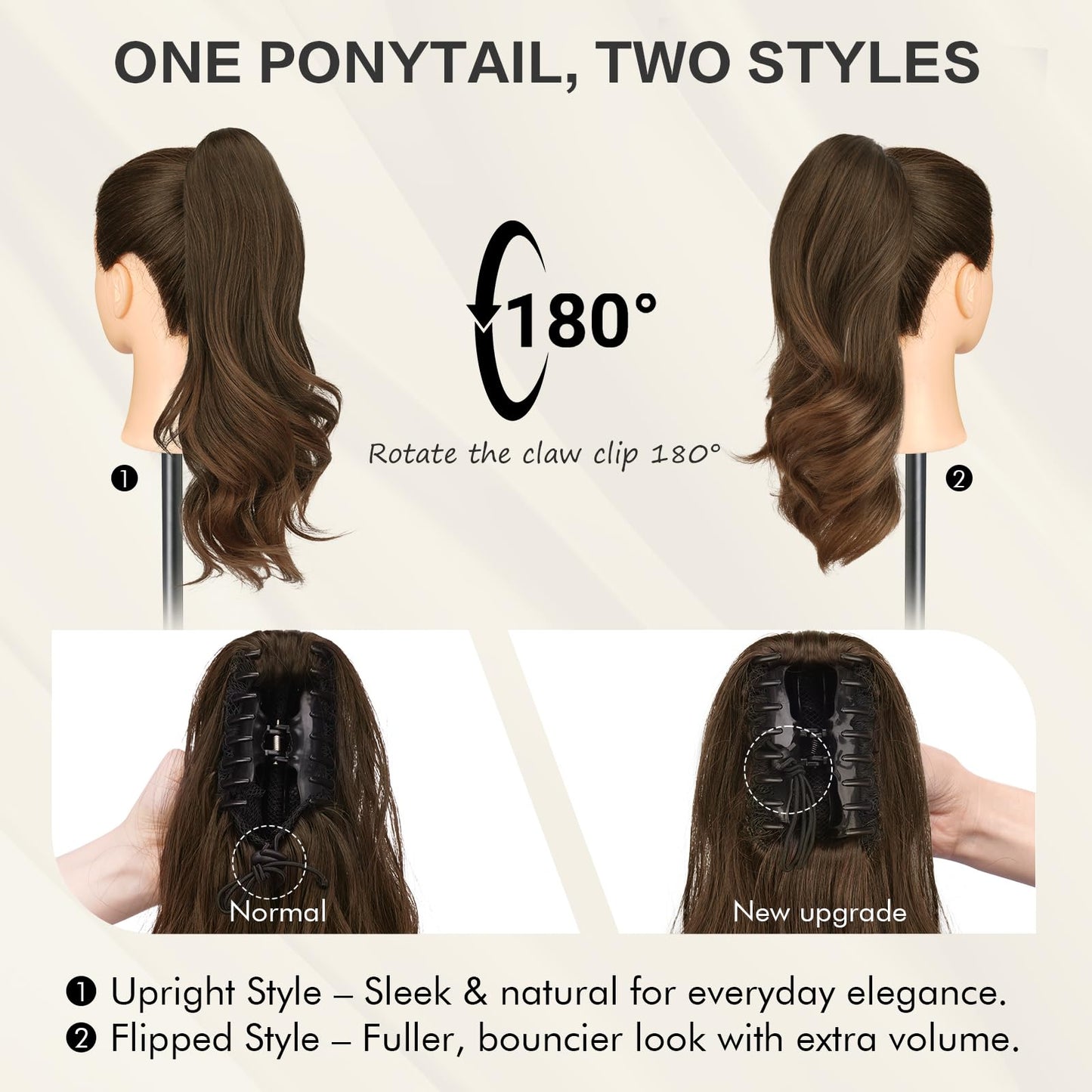 Sofeiyan Claw Clip Ponytail Extension 16 inch Curly Wavy Clip in Hairpiece Synthetic Fake Pony Tail Clip on Hair Extensions for Women Fluffy Hair Extensions for Daily Use - Medium Brown & Light Auburn
