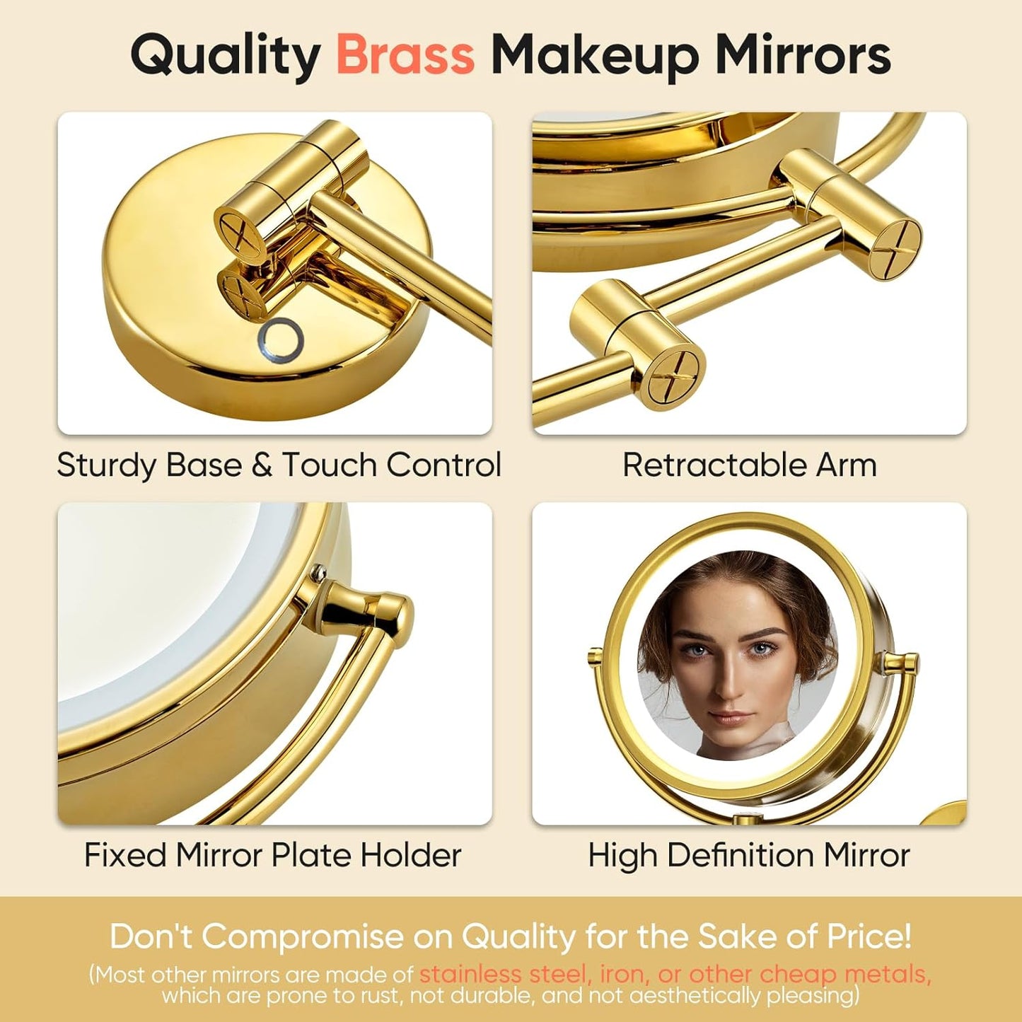 Magnifying Makeup Mirror - 8.5" Double-Sided Wall-Mounted Vanity Mirror with Dimmable LED Lights & 10X Magnification | Brushed Gold