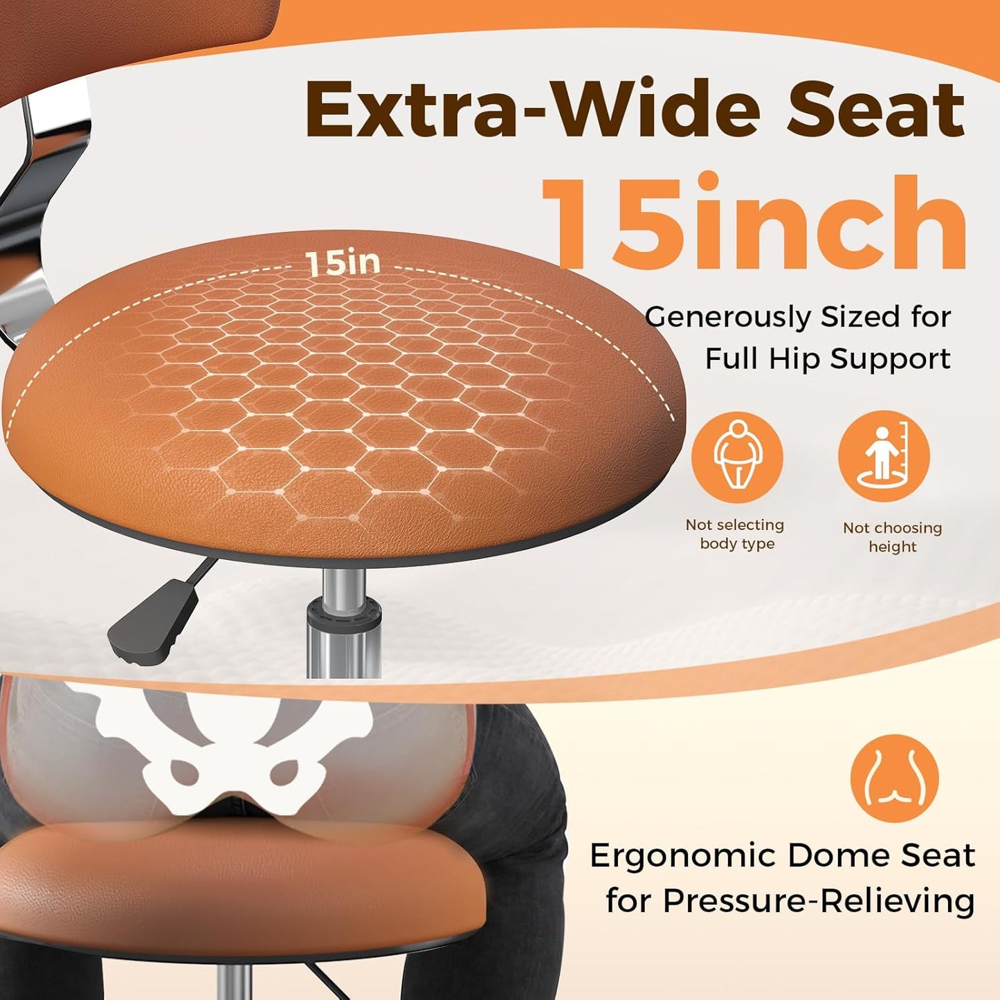 Rolling Stool Chair - Height Adjustable Office Drafting Chair with Back Support | PU Leather Cushion, Camel Color