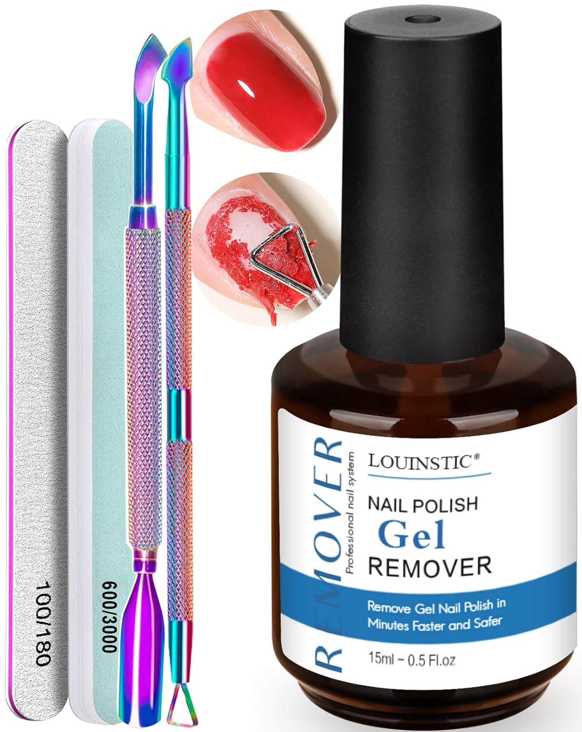 Gel Nail Polish Remover Kit - Fast, Gentle & Non-Damaging Formula | Includes Nail Files for At-Home Manicure (1PC/15ML)