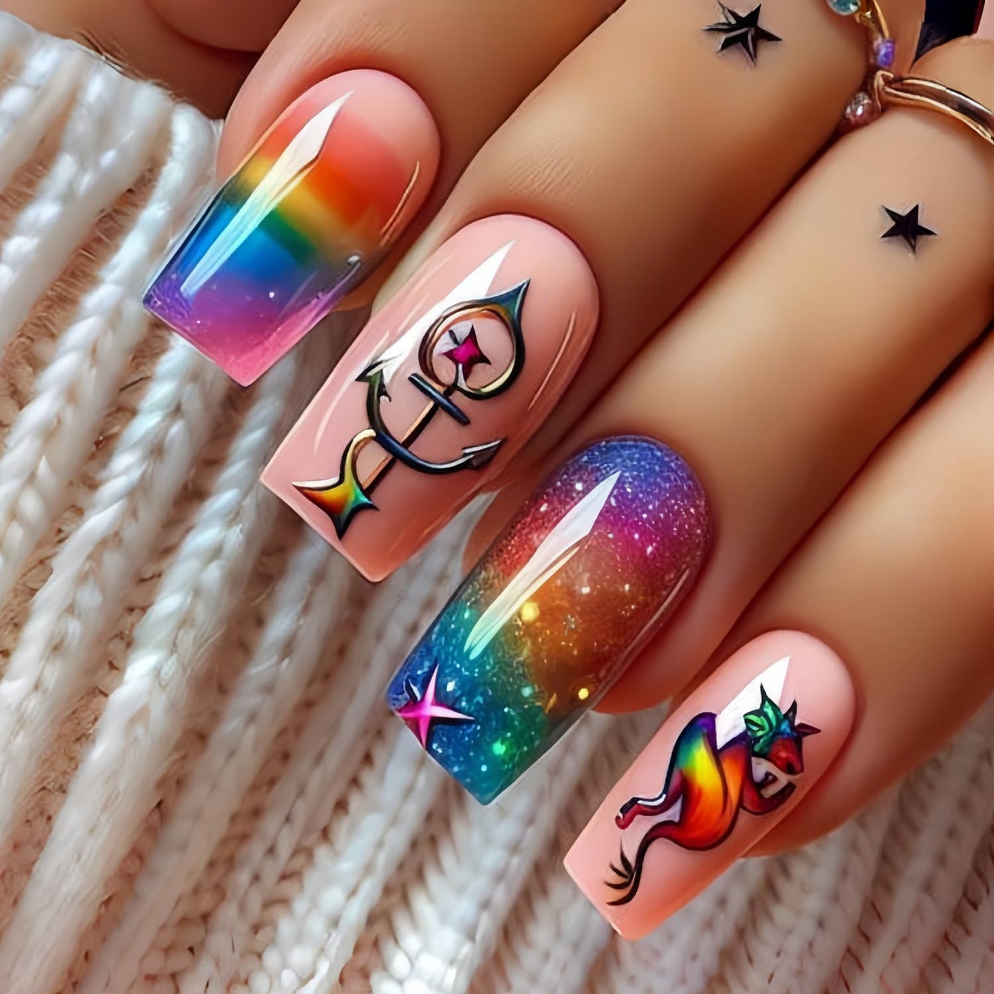 Butterfly Press-On Nails - Medium Length Rainbow Stripe Design | Colorful Square Acrylic Coffin Nails, 24 Pcs