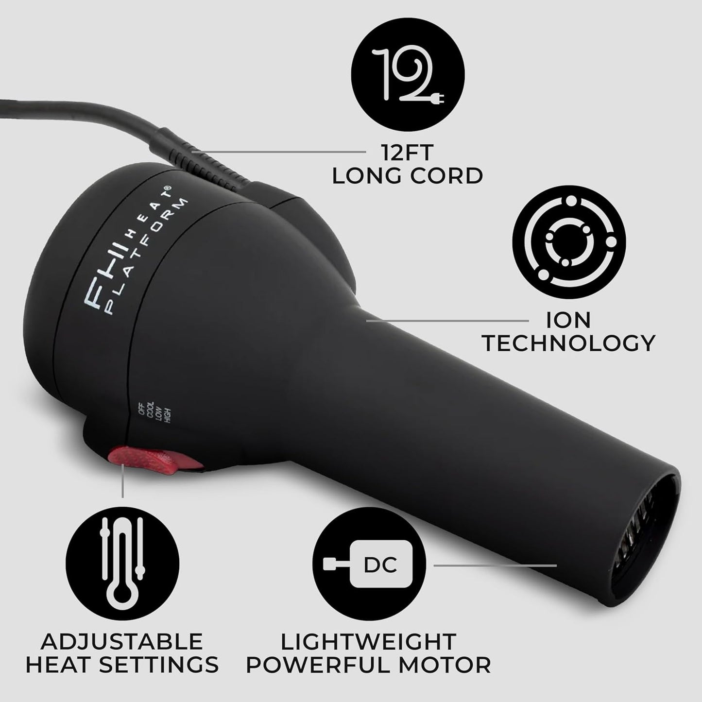 FHI Heat Hair Dryer - Handle-Less Negative Ion Blow Dryer for Frizz-Free Styles | Lightweight with Diffuser, Nozzle & Comb