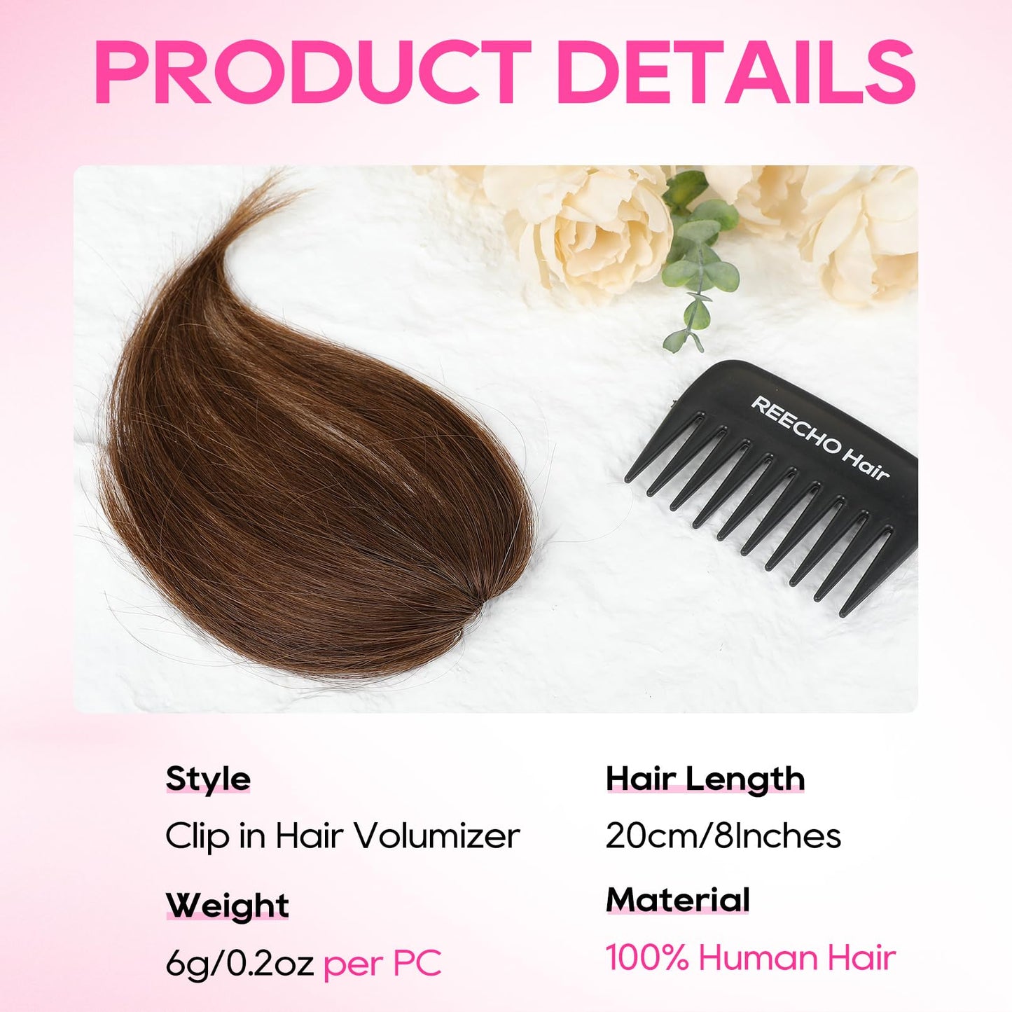 REECHO Human Hair Clip-in Hair Volumizer - Short Thick Hairpieces for Extra Volume, Easy Clip-in Extensions for Thin & Fine Hair Chestnut Brown 8 Inch(Pack of 1)