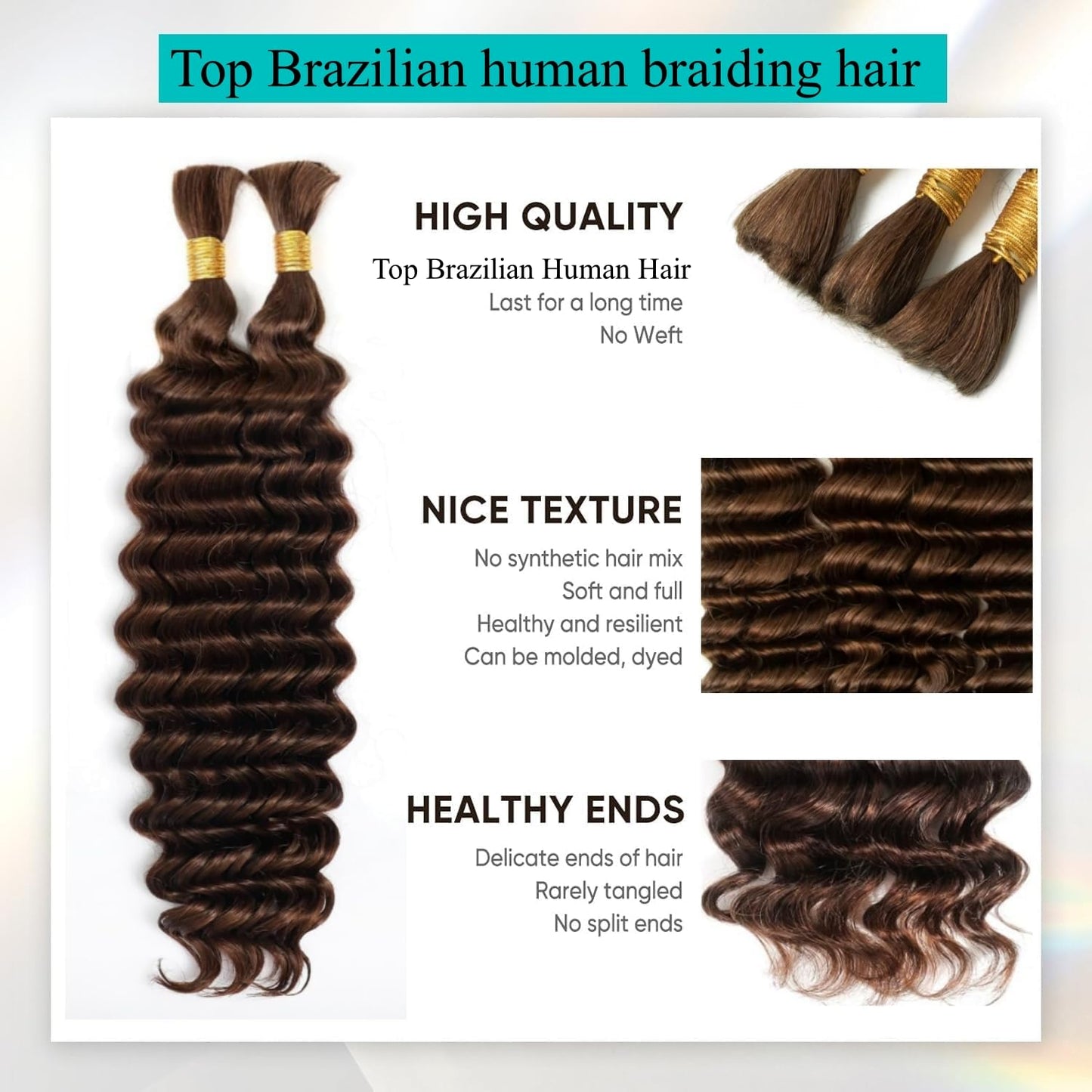 Chocolate Brown Human Braiding Hair - Deep Water Wave Extensions | 16 Inch Curly Bulk Hair, 110g, 2 Bundles