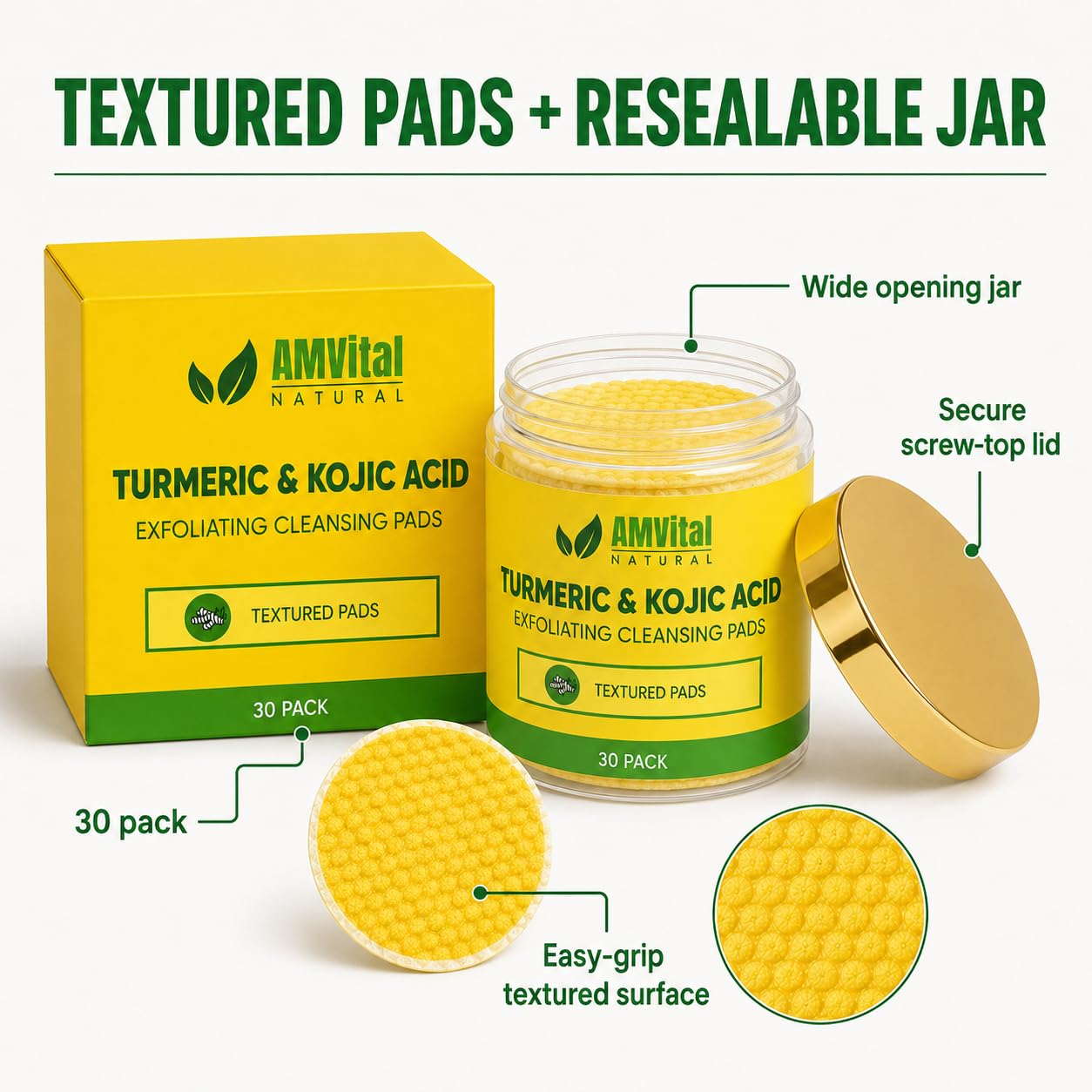 AMVital Turmeric Kojic Acid Cleansing Pads, Pre-Soaked Face Pads