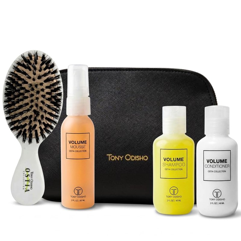Volumizing Hair Care Kit - Mini Shampoo, Conditioner & Mousse for Fine Hair | Sulfate-Free Travel Set with Brush & Cosmetic Bag - 5 Pieces