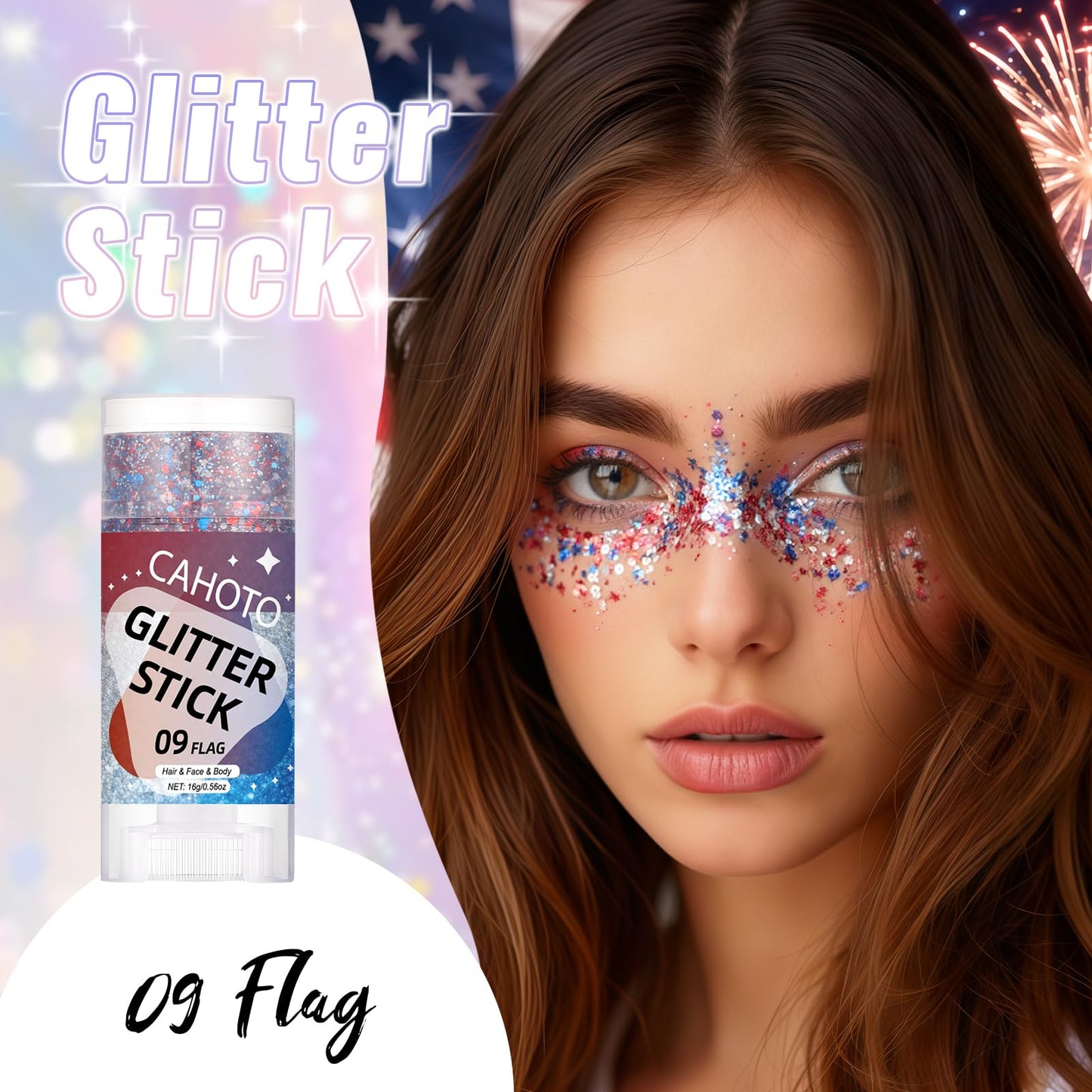 CAHOTO Flag Face Body & Hair Glitter Stick for Independence Day, 4th of July Red White Blue Glitter Gel for Women, Patriotic Pride USA Flag Sparkling Sequins for Memorial Day Festival Party, 0.56oz