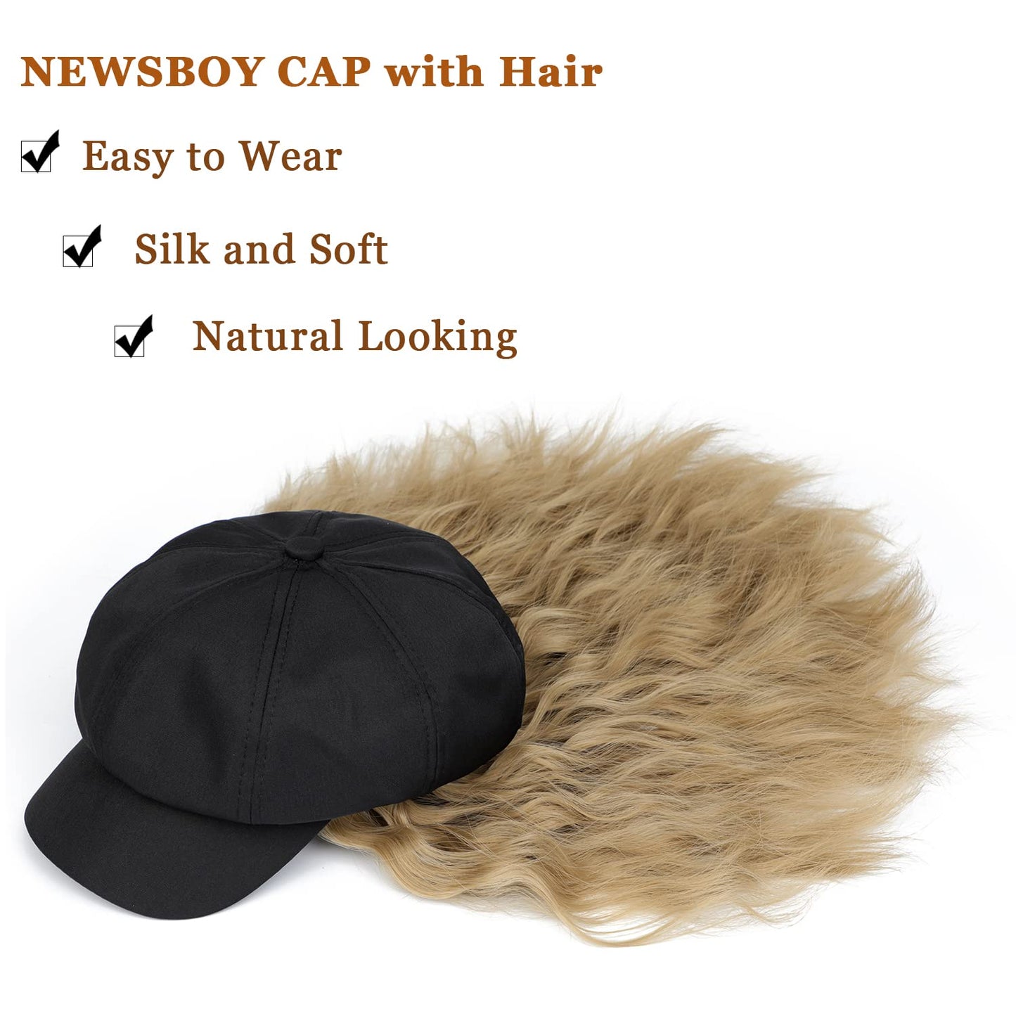 Cephermer Newsboy Cap with 10 Inch Wavy Curly Hair Extensions for Women Hat Attached Synthetic Wig Short Extensions 14 Inch in Length (with Newsboy Cap)
