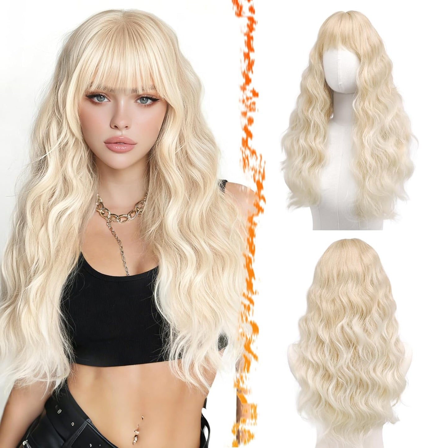 Long Wavy Blonde Curtain Bangs Wig - 26" Synthetic Ombre Wig with Dark Roots | Soft Natural Look