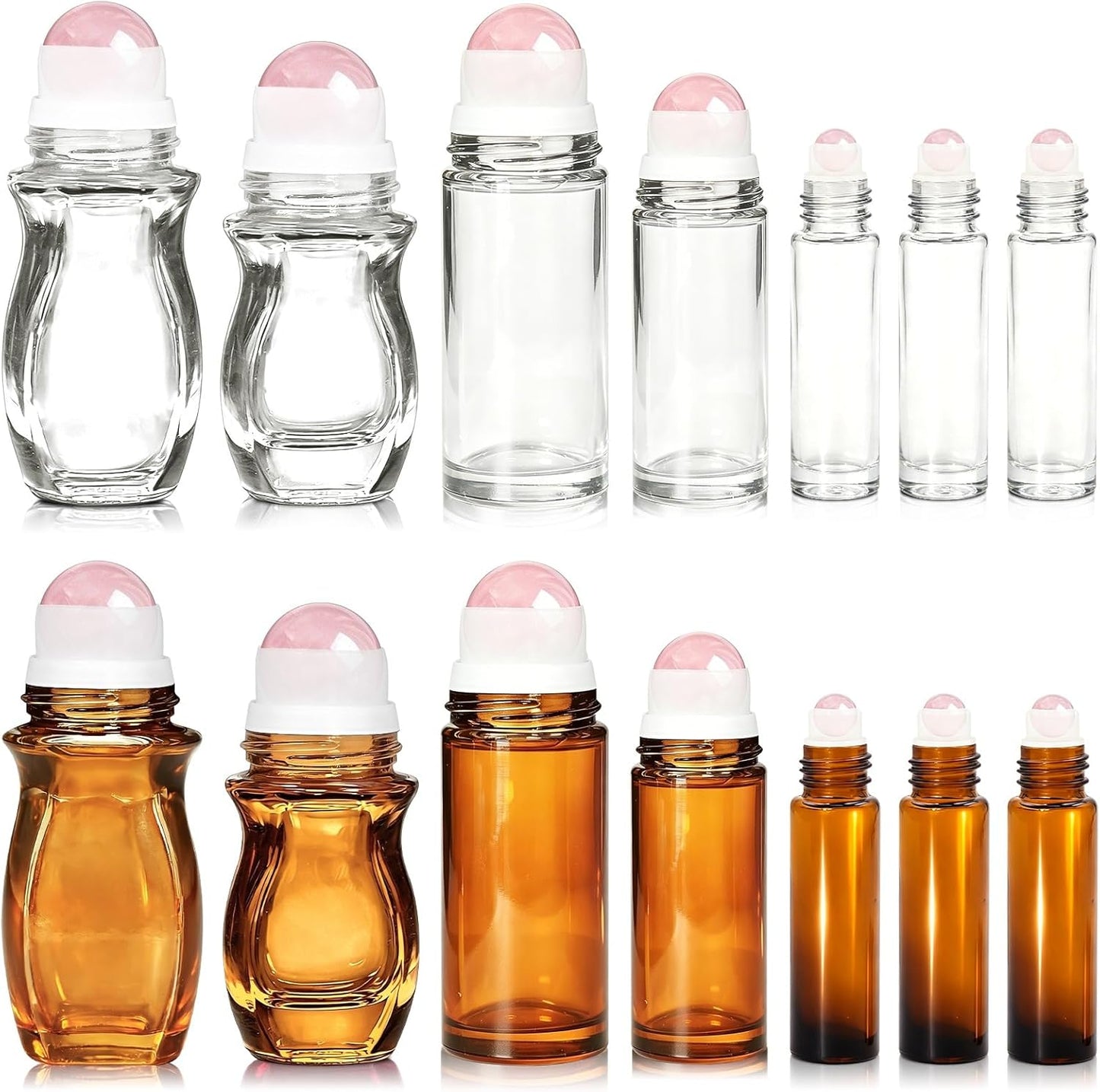 Rose Quartz Roller Bottles - 14 Pack 50ml Refillable Amber Glass | Leak-Proof Travel Perfume with Crystal Roller Balls