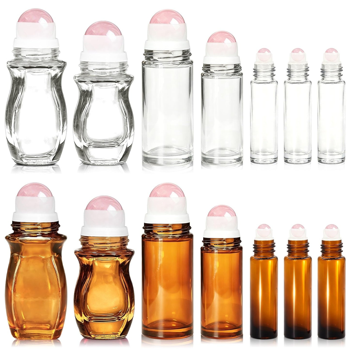 Warmify 14 Pack Rose Quartz Roller Bottles for Essential Oils, 50ml Refillable Amber Glass Roll On Bottles with Natural Crystal Roller Balls, Leak-Proof Travel Perfume Bottle with Gold Caps