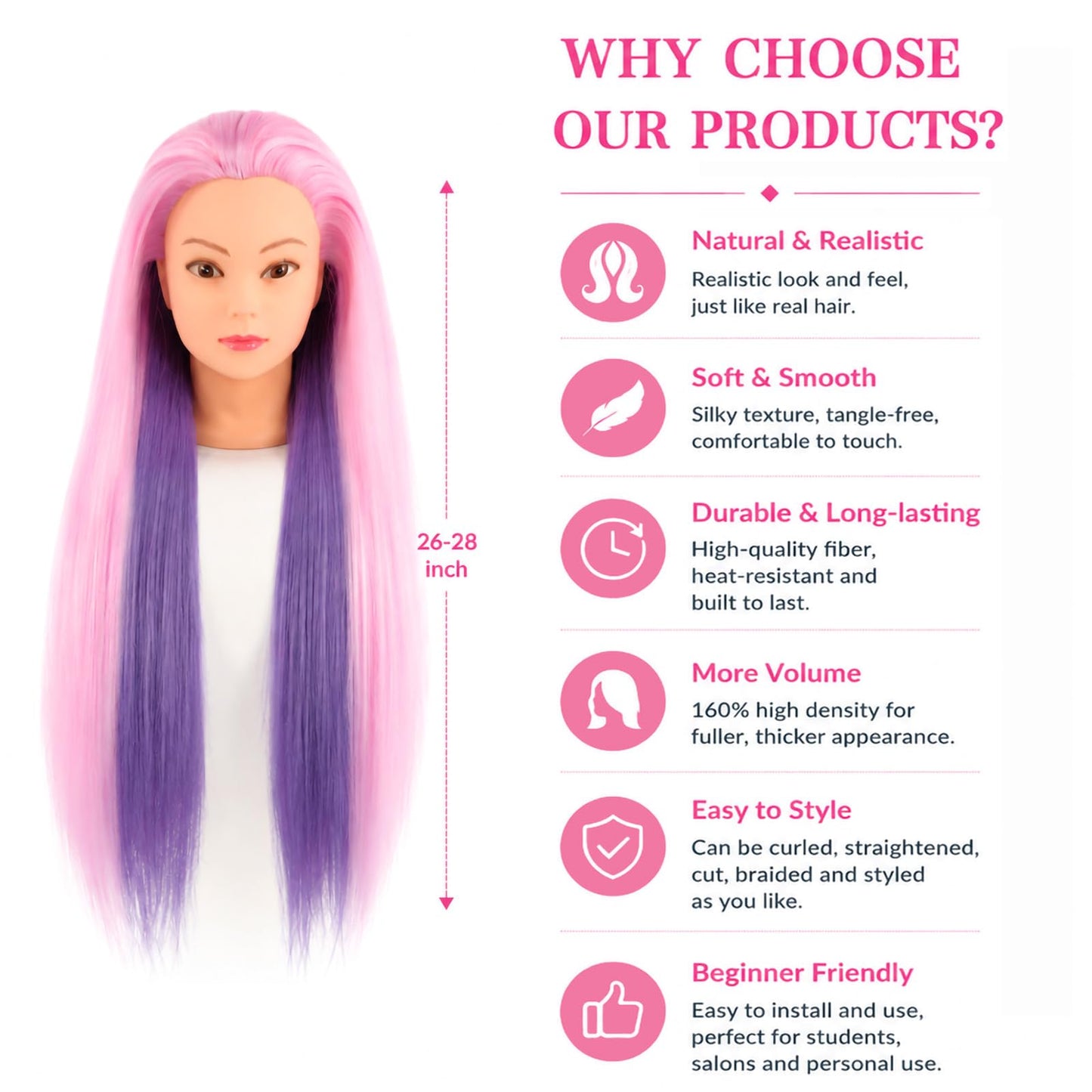 Mannequin Head with Hair,29" Professional Cosmetology Mannequin Head Doll Head for Hair Styling, Braiding, Cutting Practice, Training Head with Clamp + Practice Tools (Pink&Purple)