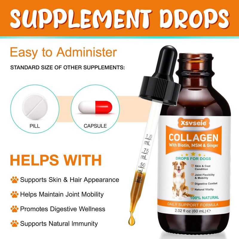 Collagen for Dogs – Joints, Skin & Coat Health Support Liquid Collagen Drops for Dogs, Itchy Relief & Digestive Care, Dog Supplements with Biotin, MSM & Ginger, 60ml Daily Wellness Formula