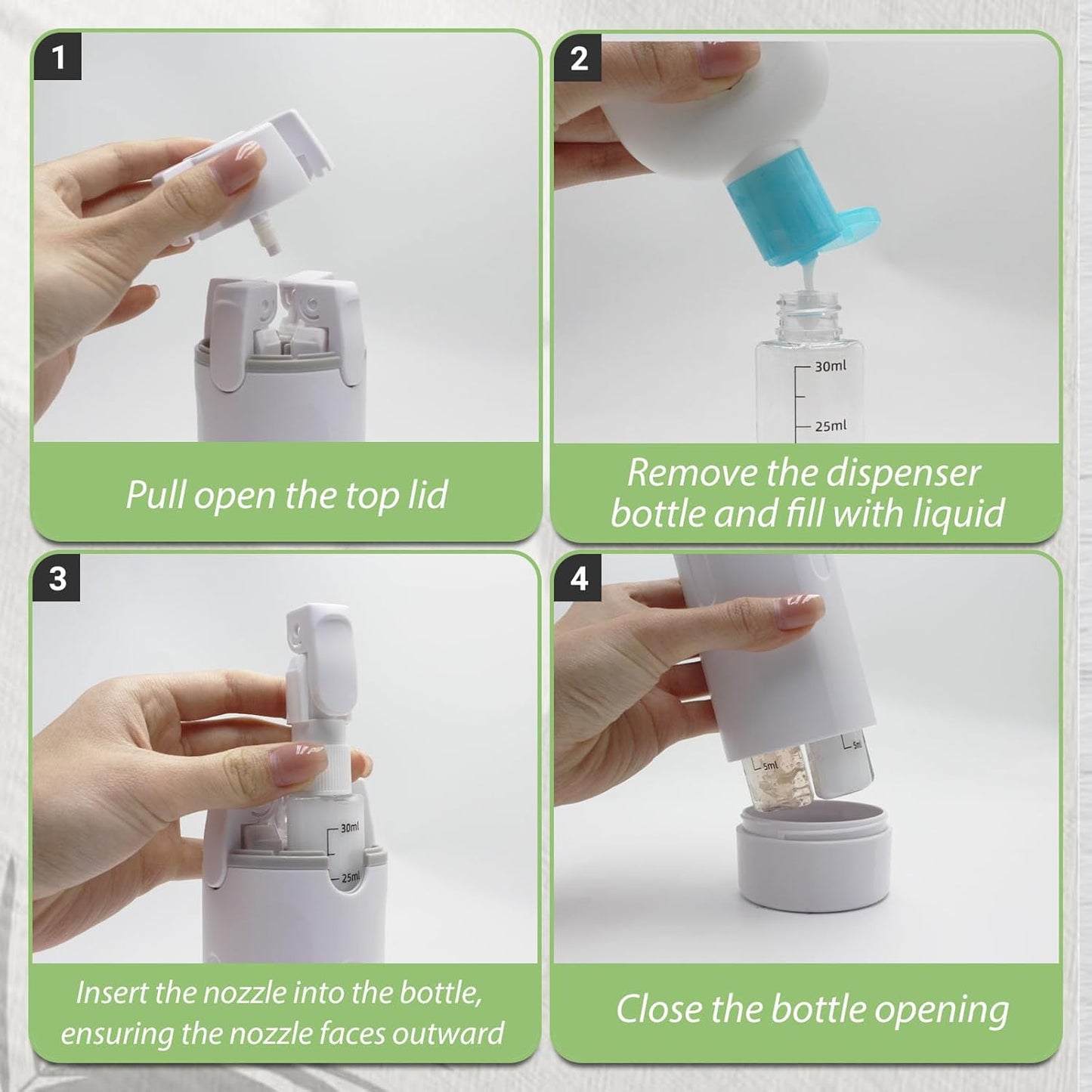 Travel Dispenser Bottle Set - 4 in 1 Leak Proof 30ml Toiletries Containers with Cleaning Brush | Perfect for Shampoo, Conditioner & Travel