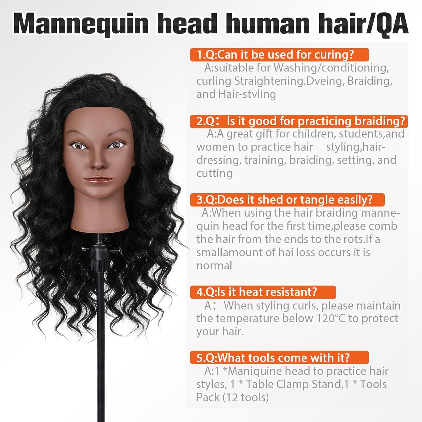 Mannequin Head - 100% Human Hair Cosmetology Training Doll for Hair Styling | 16-Inch with Clamp Holder (Black)