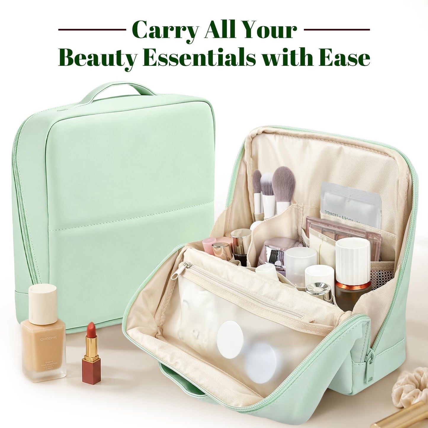 Travel Makeup Bag, Large Capacity Toiletry Bag, Waterproof PU Leather Cosmetic Bag with Clear Dividers & Handle, Portable Lightweight Vertical Free-Standing Brush Holder for Men & Women(Green)